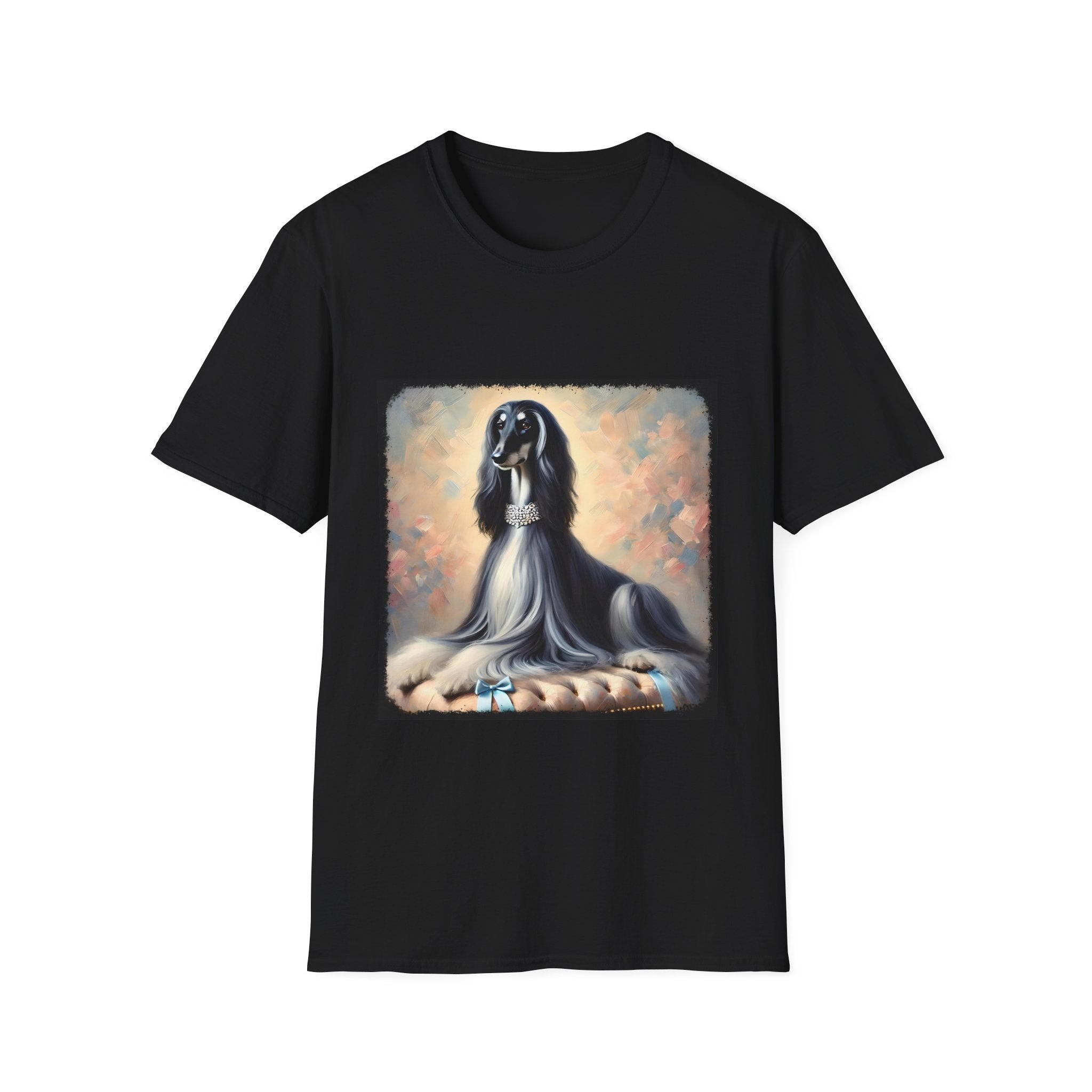 Front view of black dog t-shirt featuring black and white Afghan Hound on cushion with diamond necklace, pastel background.