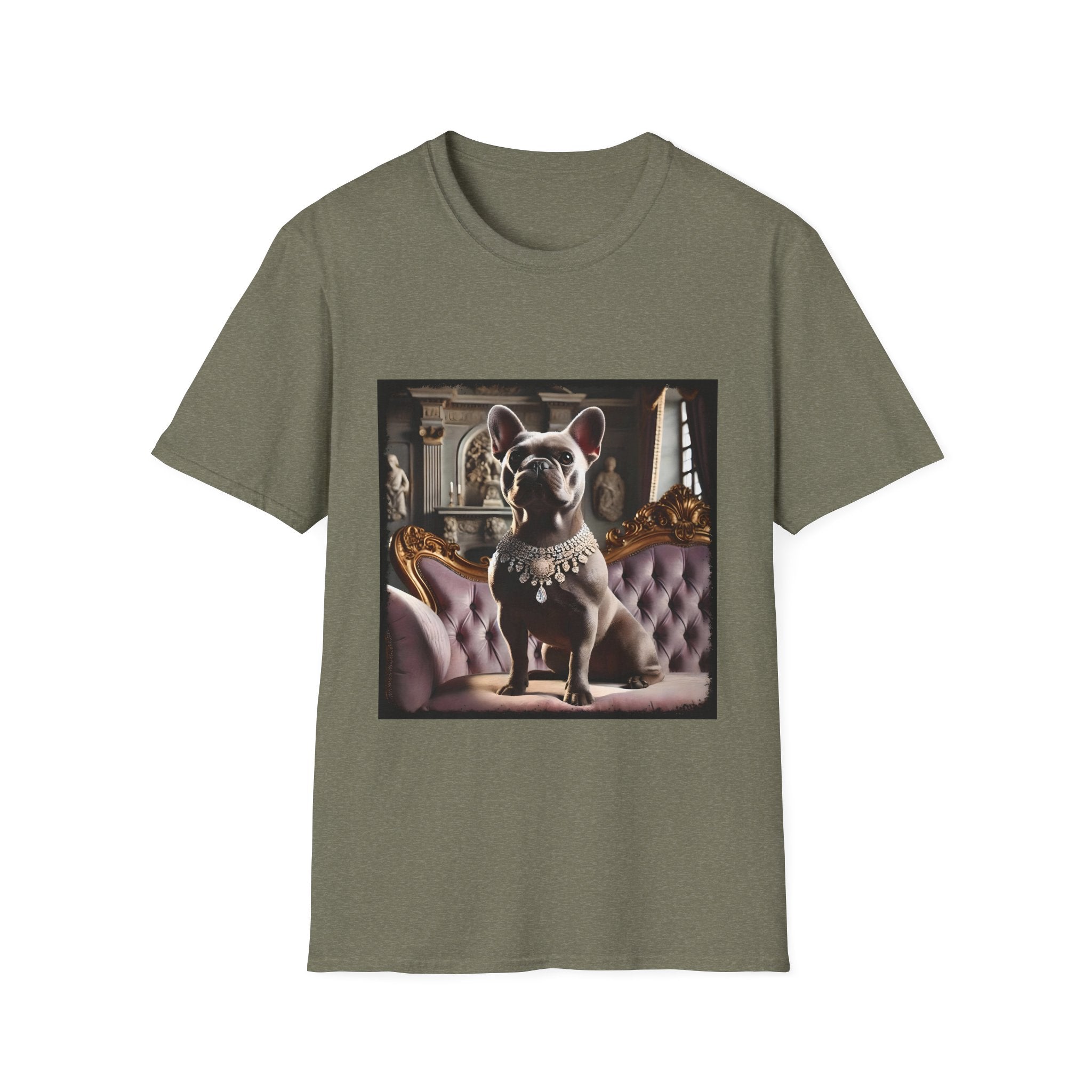 Heather military green dog t-shirt featuring gray French Bulldog in jeweled necklace on tufted settee with grand palace-style background.