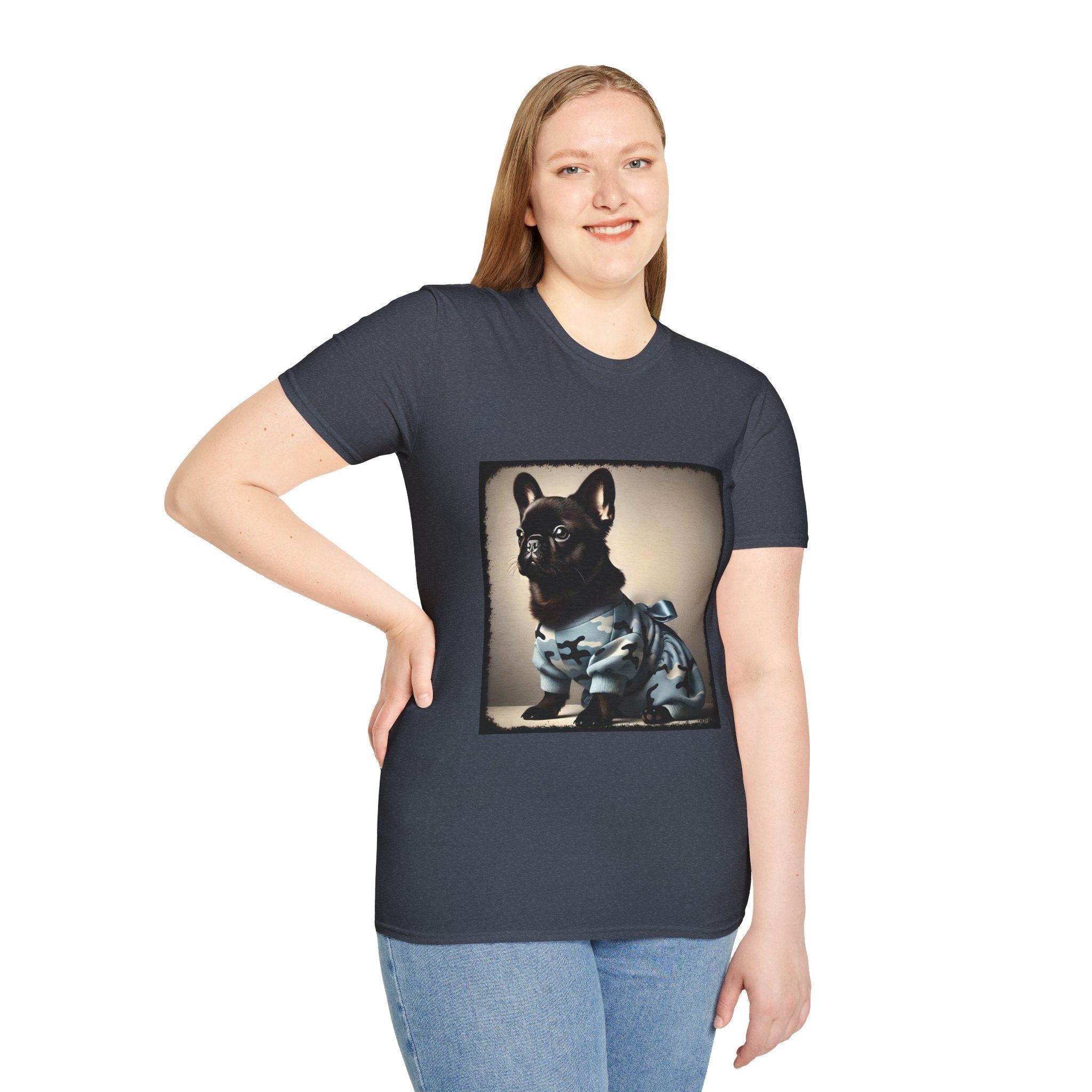 Female model wearing dark gray dog t-shirt featuring black French Bulldog in blue camo outfit with bow, set in soft vintage portrait.