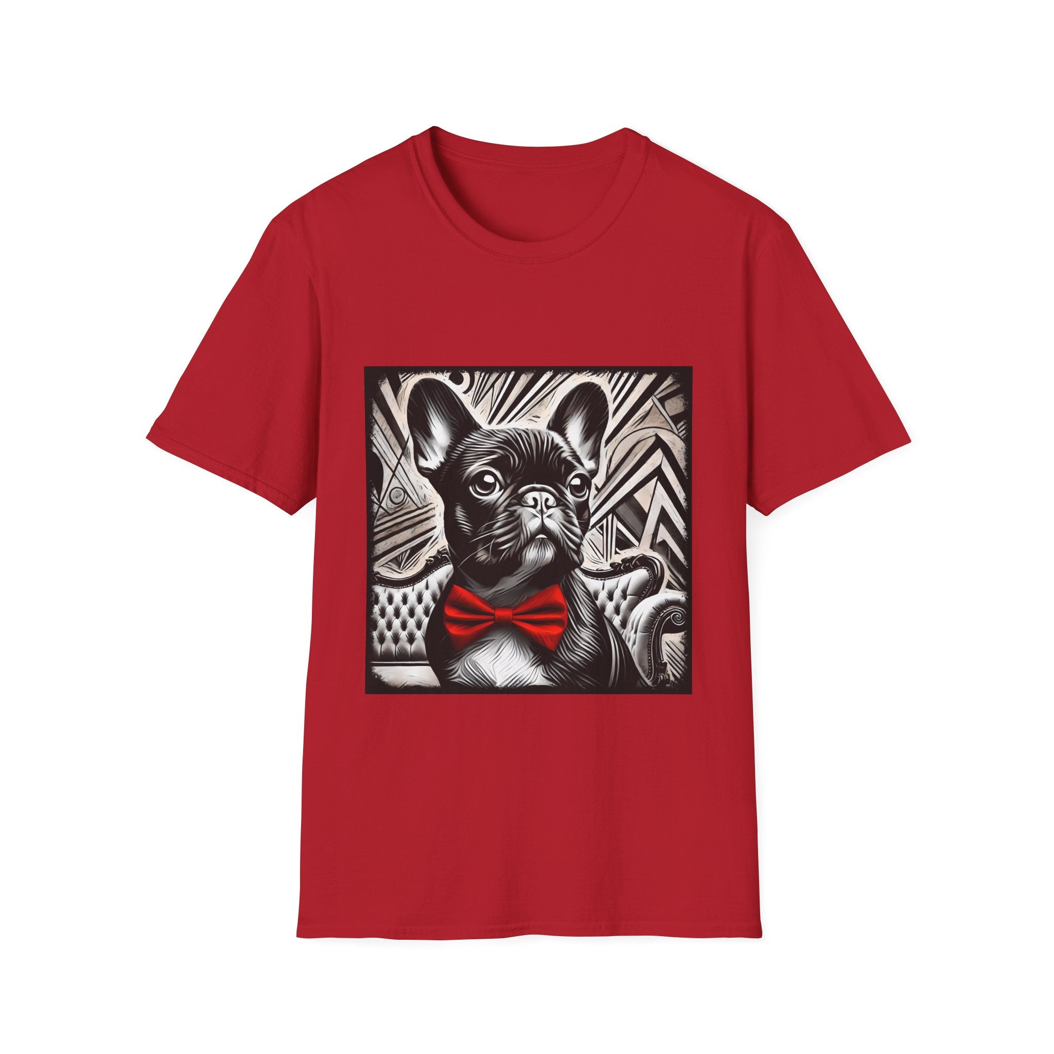 Cherry red dog t-shirt featuring a black and white French Bulldog with a bold red bow tie and art deco backdrop.