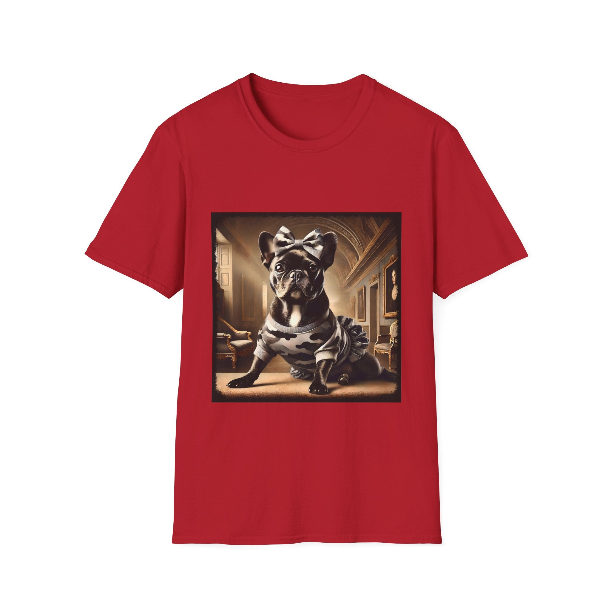 Cherry red dog t-shirt featuring black French Bulldog in camo dress and bow, set in sepia-toned palace hall.