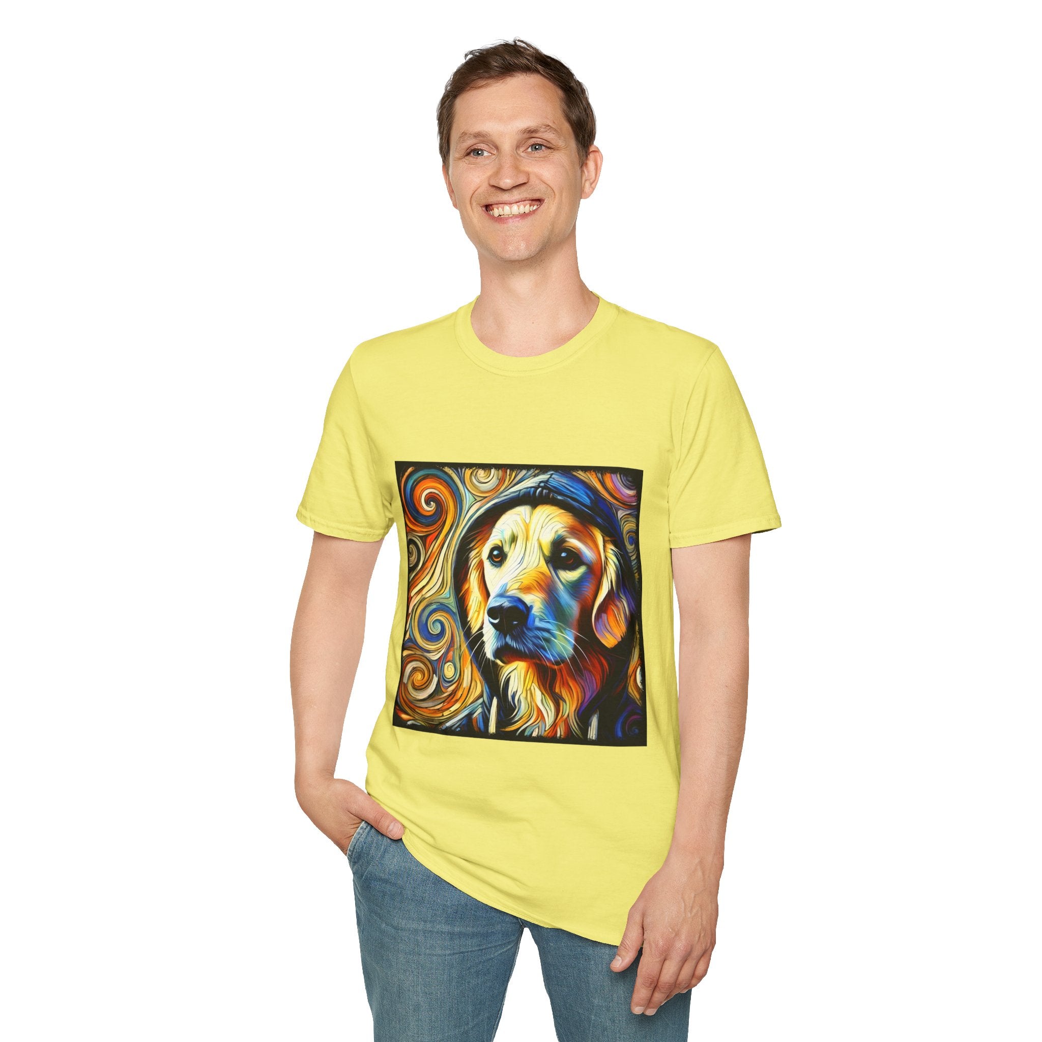 Male standing in yellow dog t-shirt with golden retriever in hoodie, swirled background in orange, yellow, and teal tones.
