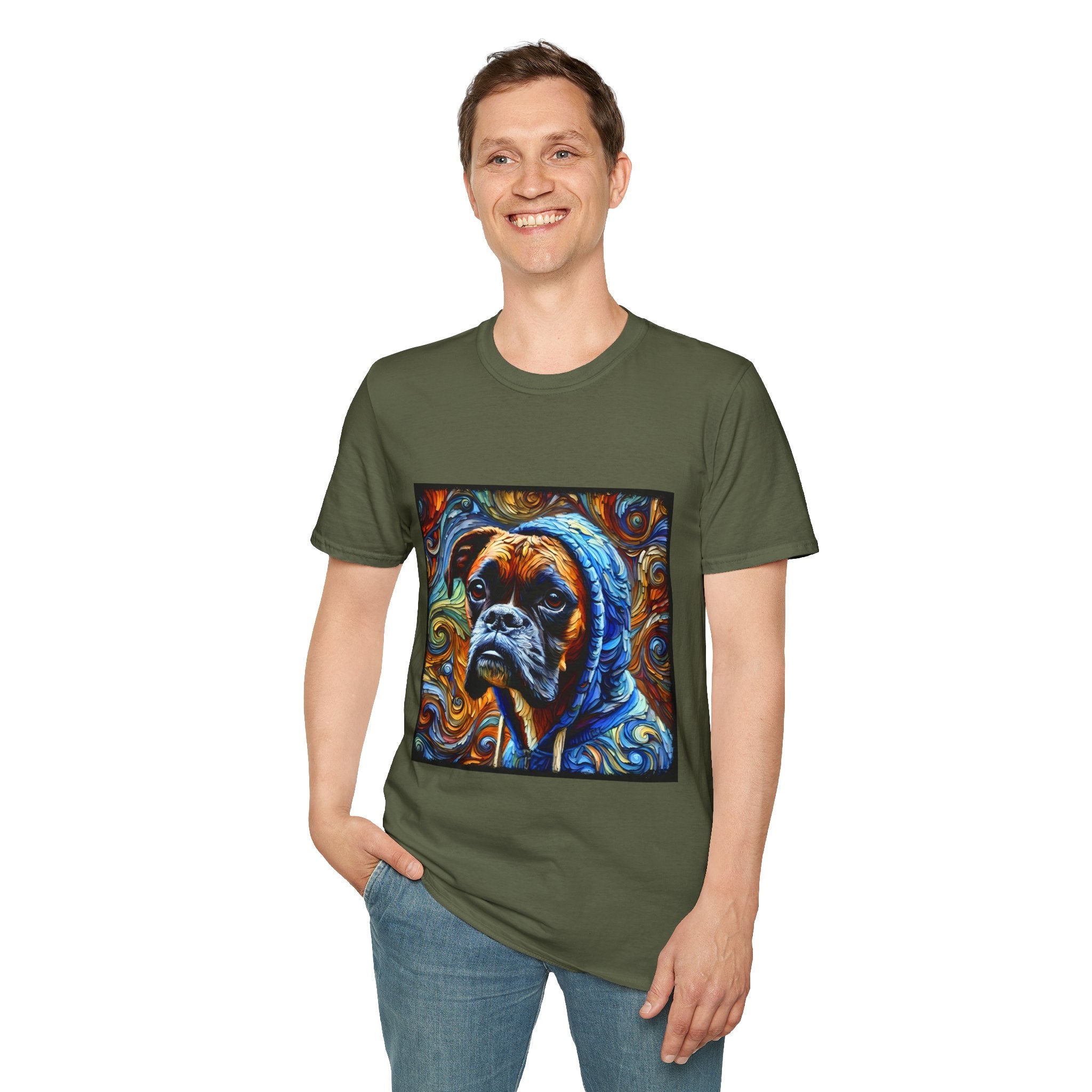 Male model in military green dog t-shirt featuring a boxer in a blue hoodie with swirled orange, gold, and teal background design.