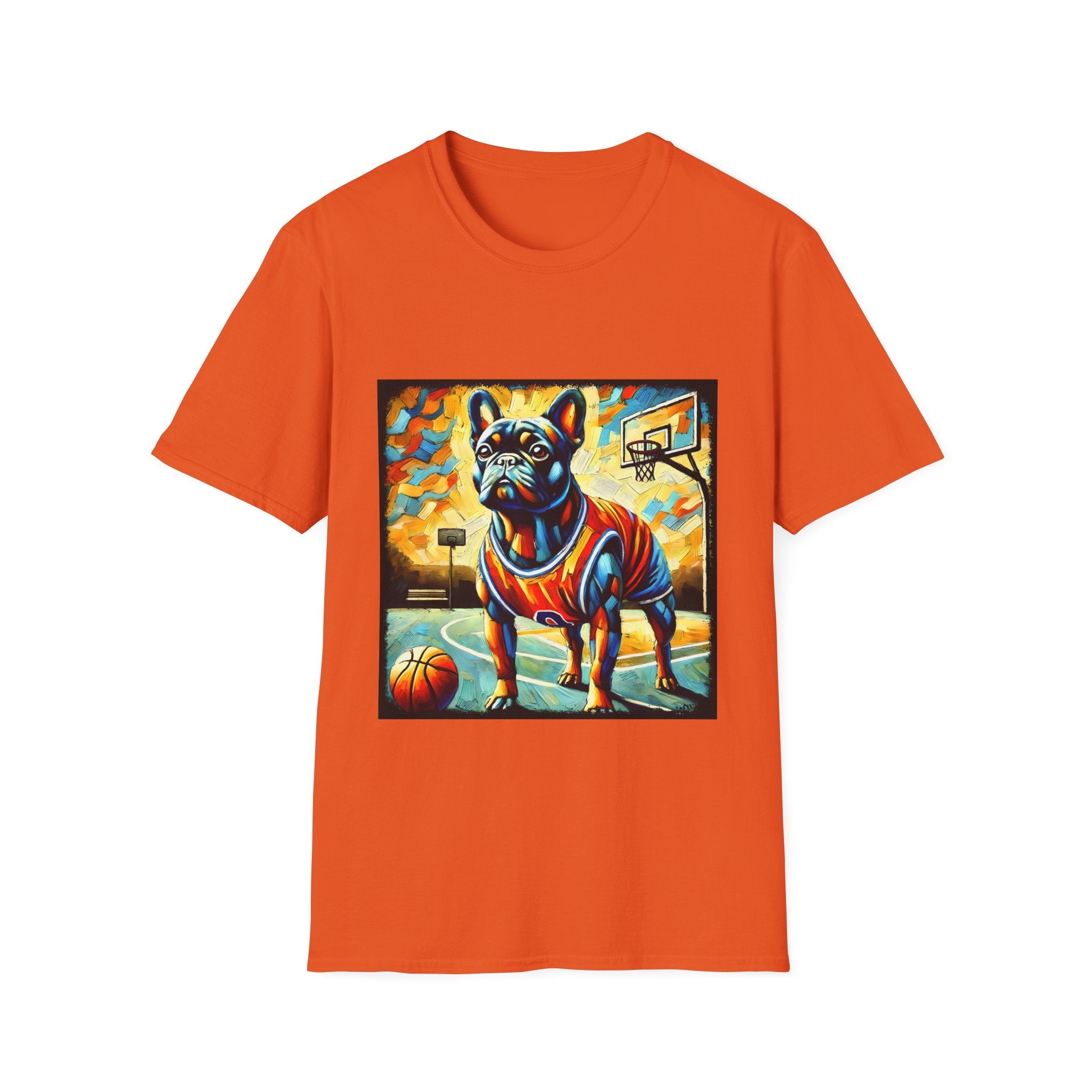 Orange dog t-shirt featuring French Bulldog in red jersey on basketball court, expressionism style.