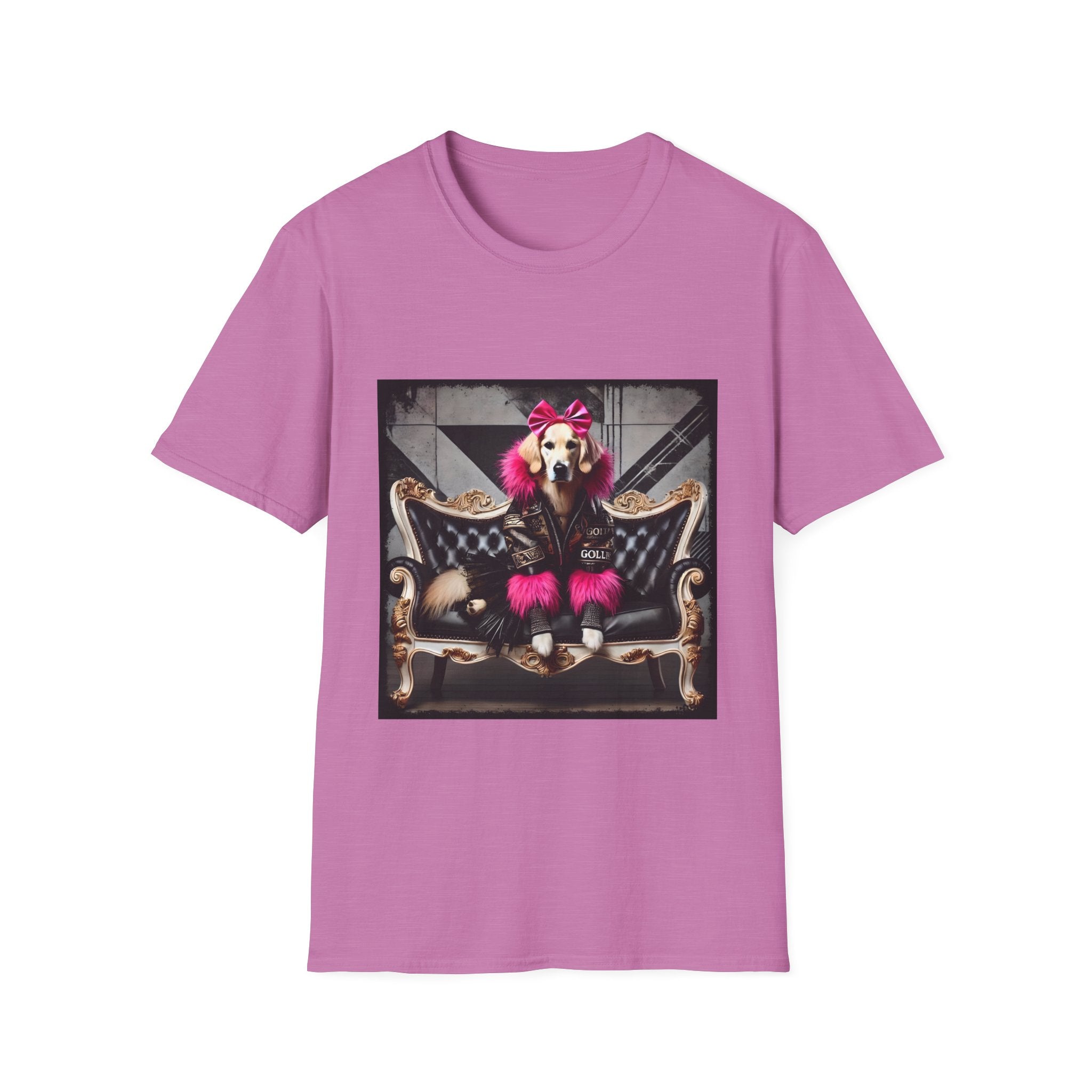 Pink orchid dog t-shirt featuring golden retriever with pink bow and fur outfit on black settee in edgy backdrop.