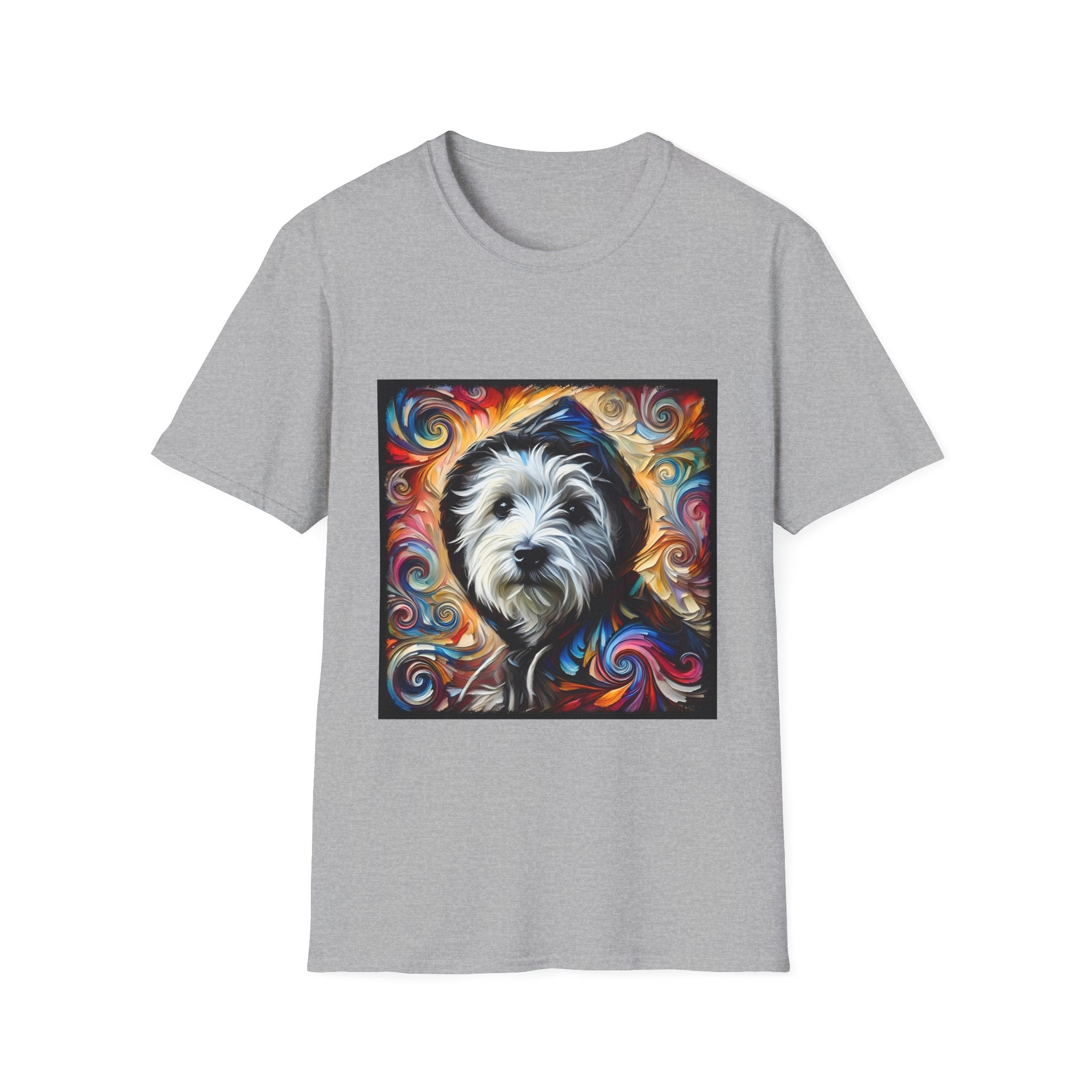 Sport gray dog t-shirt featuring Westie in black hoodie with swirling red blue orange and gold background.