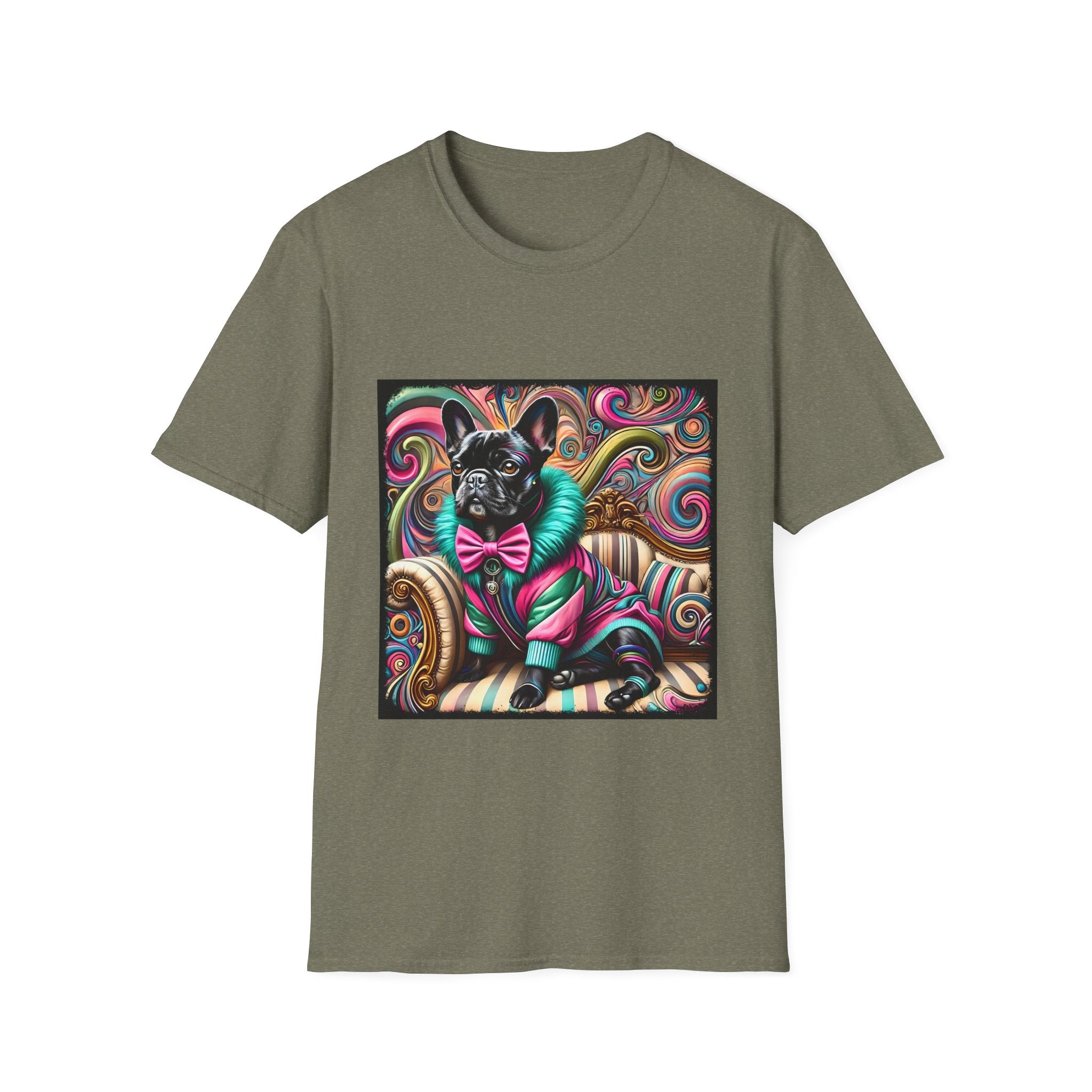 Dog t-shirt in muted military green featuring black French Bulldog in pink and teal outfit on ornate striped settee with swirl background.