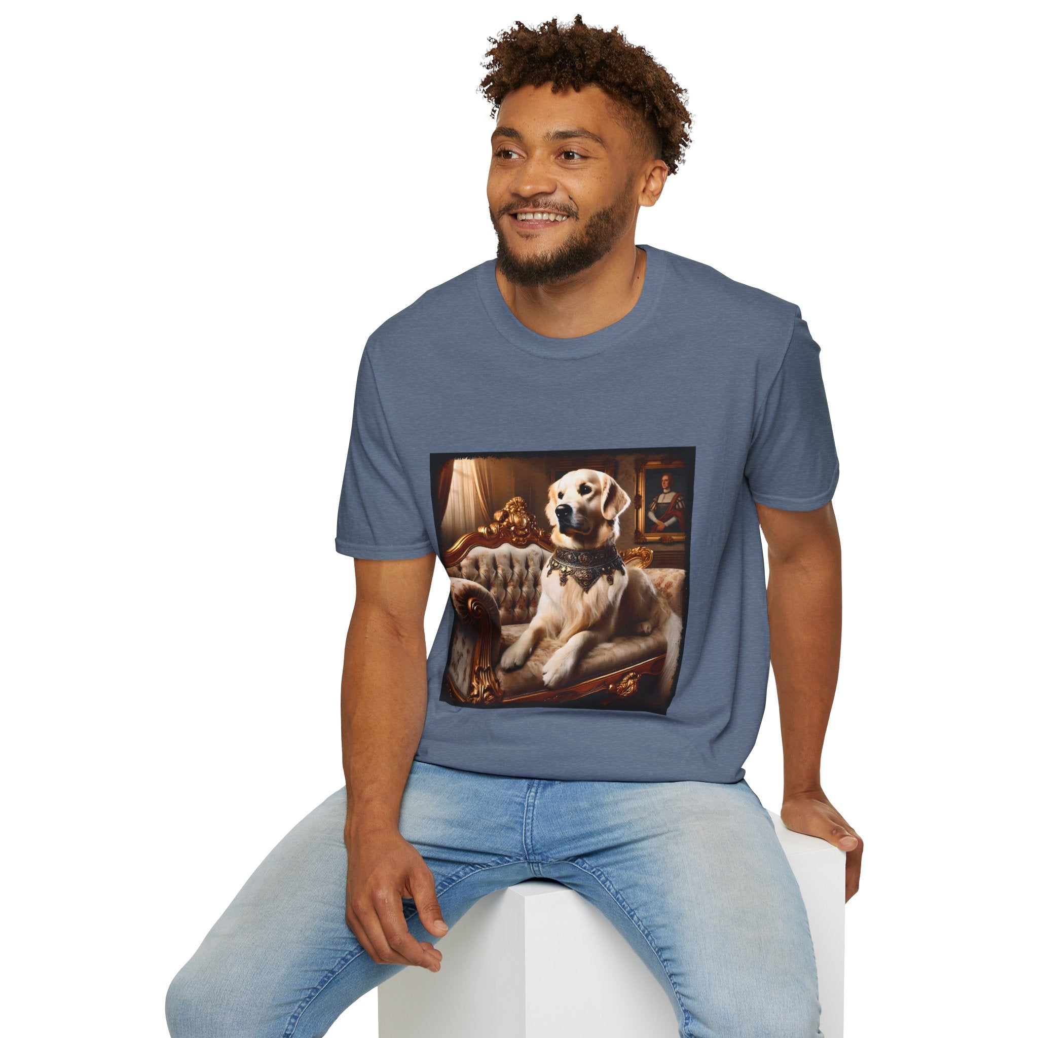 Male model in heather indigo dog t-shirt featuring golden retriever in jeweled collar on ornate cream and gold settee, regal setting.