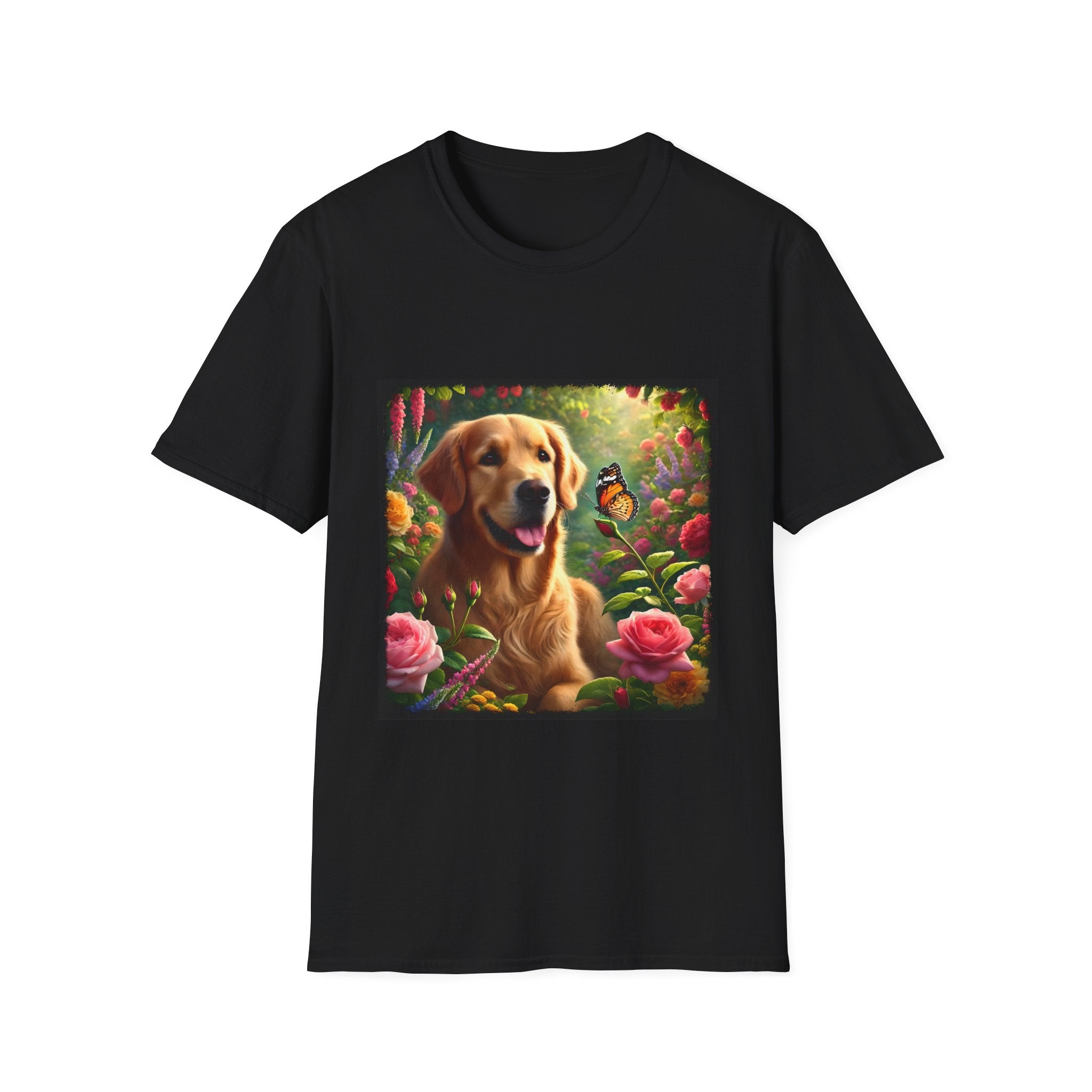 Black dog t-shirt featuring a golden retriever in a vibrant garden with roses, wildflowers, and a butterfly.