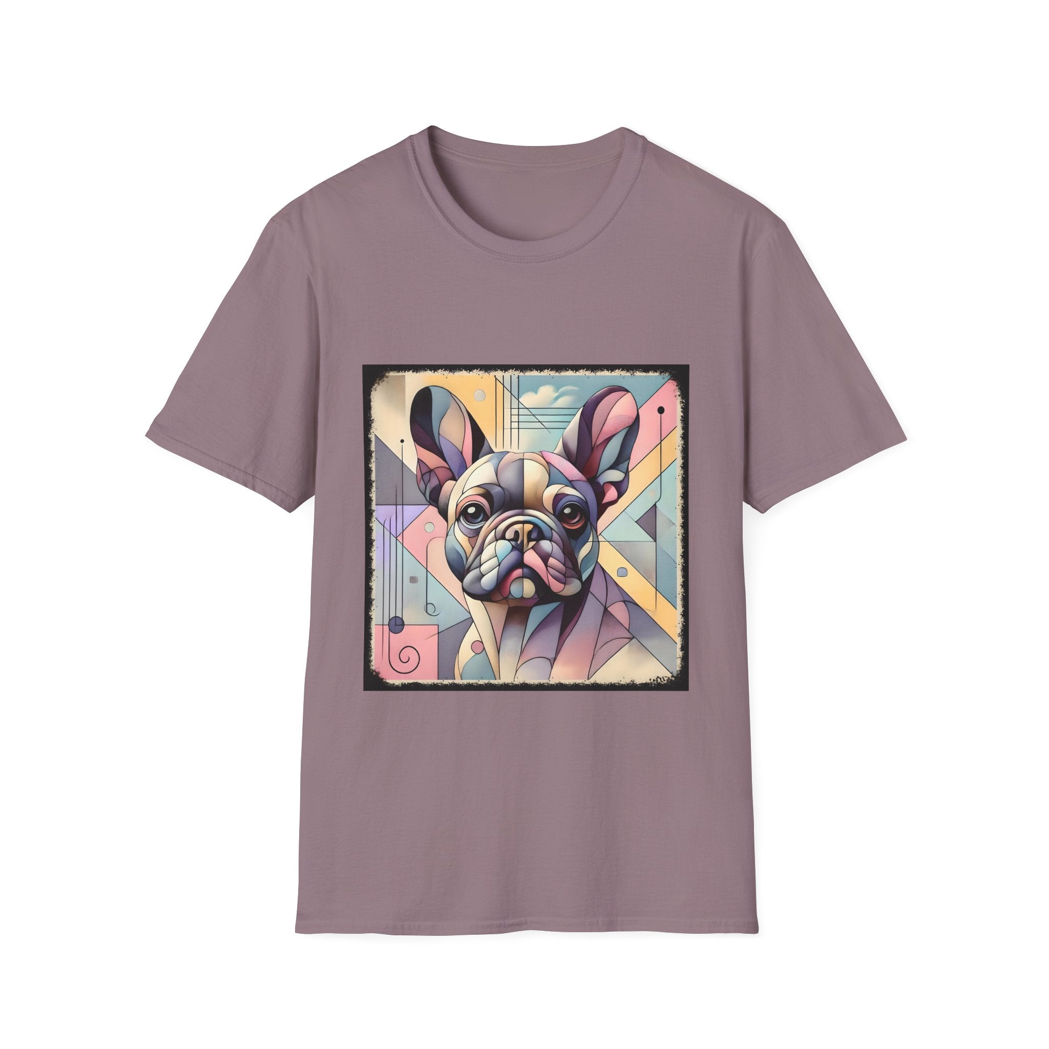 Mauve shirt with Cubism-style French Bulldog design in soft pastel colors and abstract shapes.