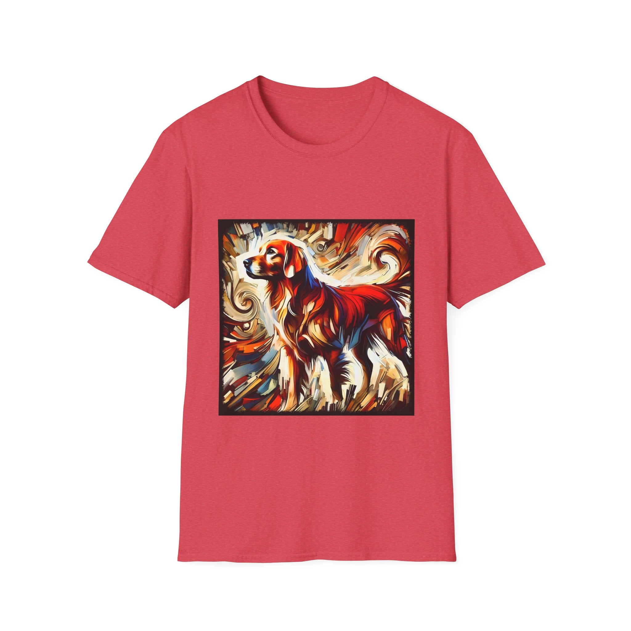 Heather red dog t-shirt with golden retriever in red coat, abstract swirl background in bold warm tones.
