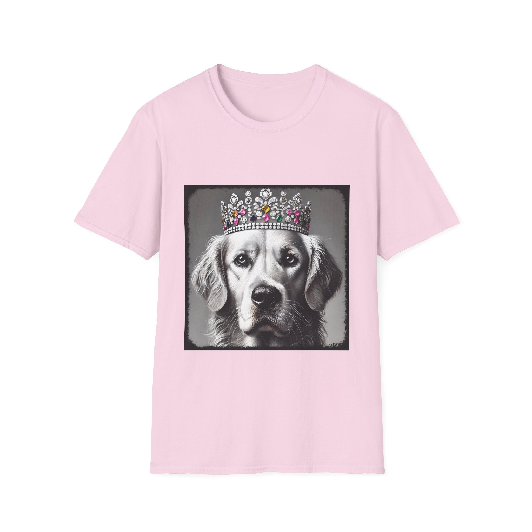 Light pink dog t-shirt featuring a black-and-white princess Golden Retriever with jeweled crown on gray background.