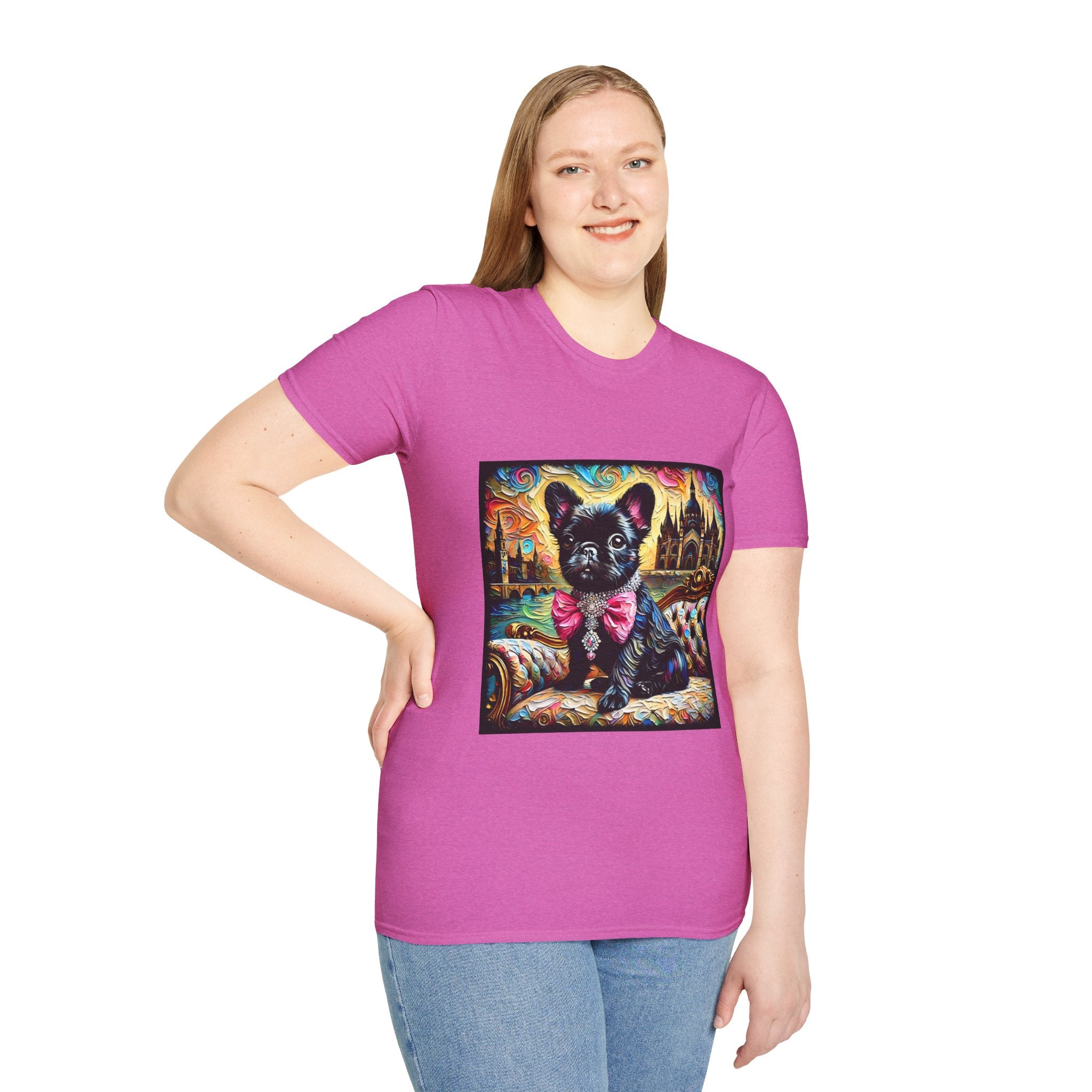 Female model wearing dark pink dog t-shirt featuring black French Bulldog in jeweled pink bow on settee with vivid castle background.