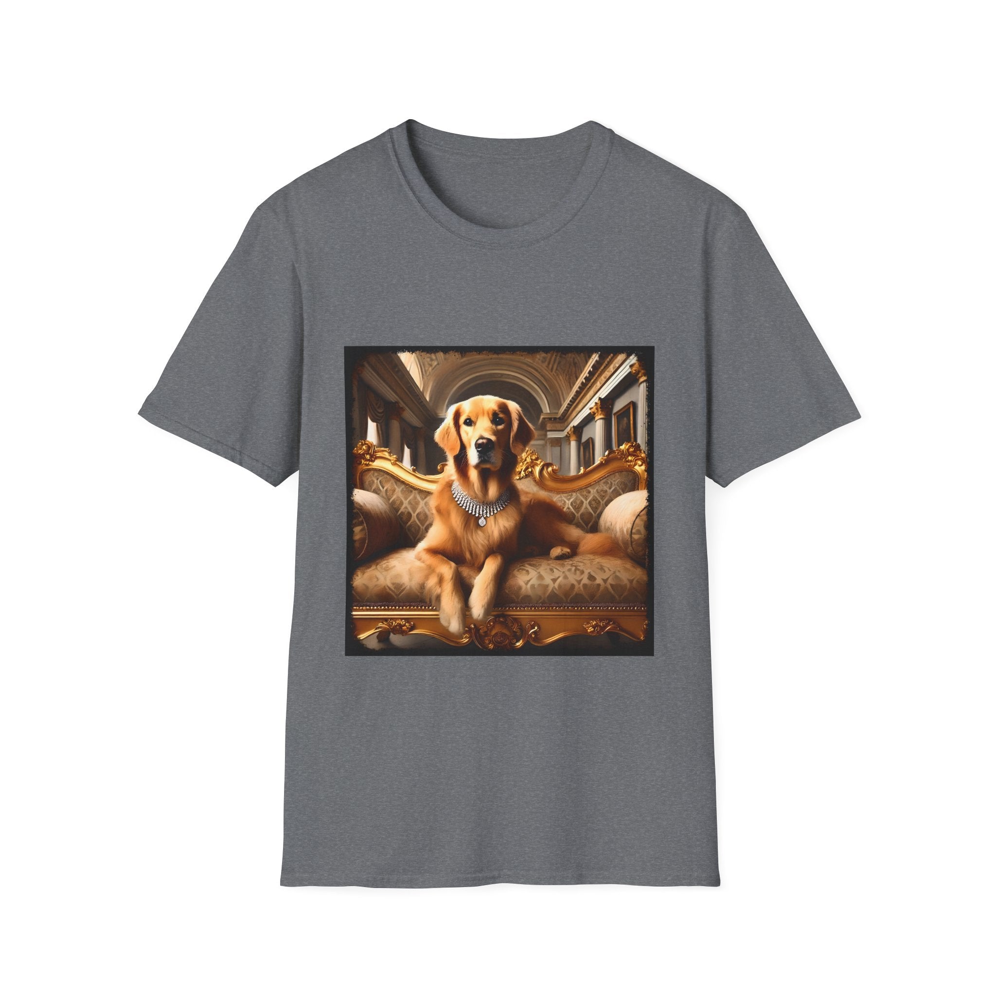 Graphite heather dog t-shirt featuring regal golden retriever in diamond collar lounging on ornate gold baroque settee.