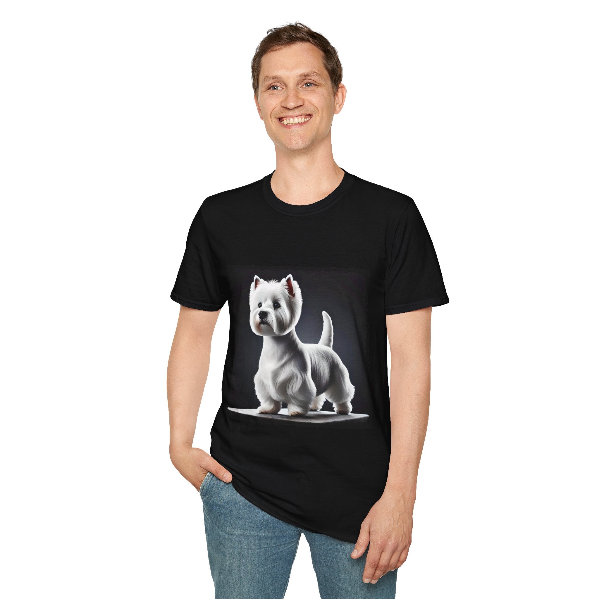 Male model in black dog t-shirt featuring a Westie standing proud on a platform against a dramatic dark backdrop.
