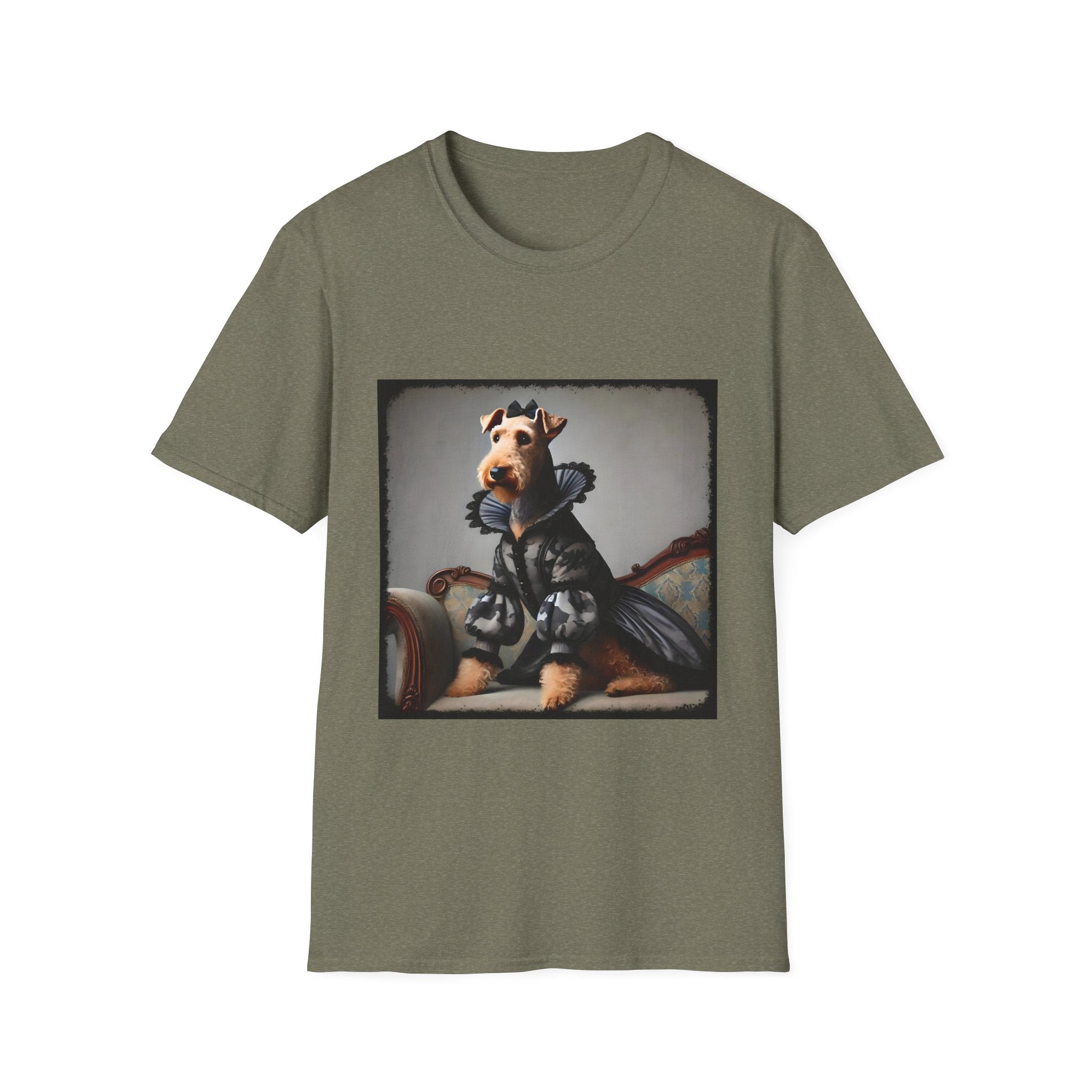 Heather military green dog t-shirt featuring Airedale terrier in camouflage Renaissance gown seated on settee.