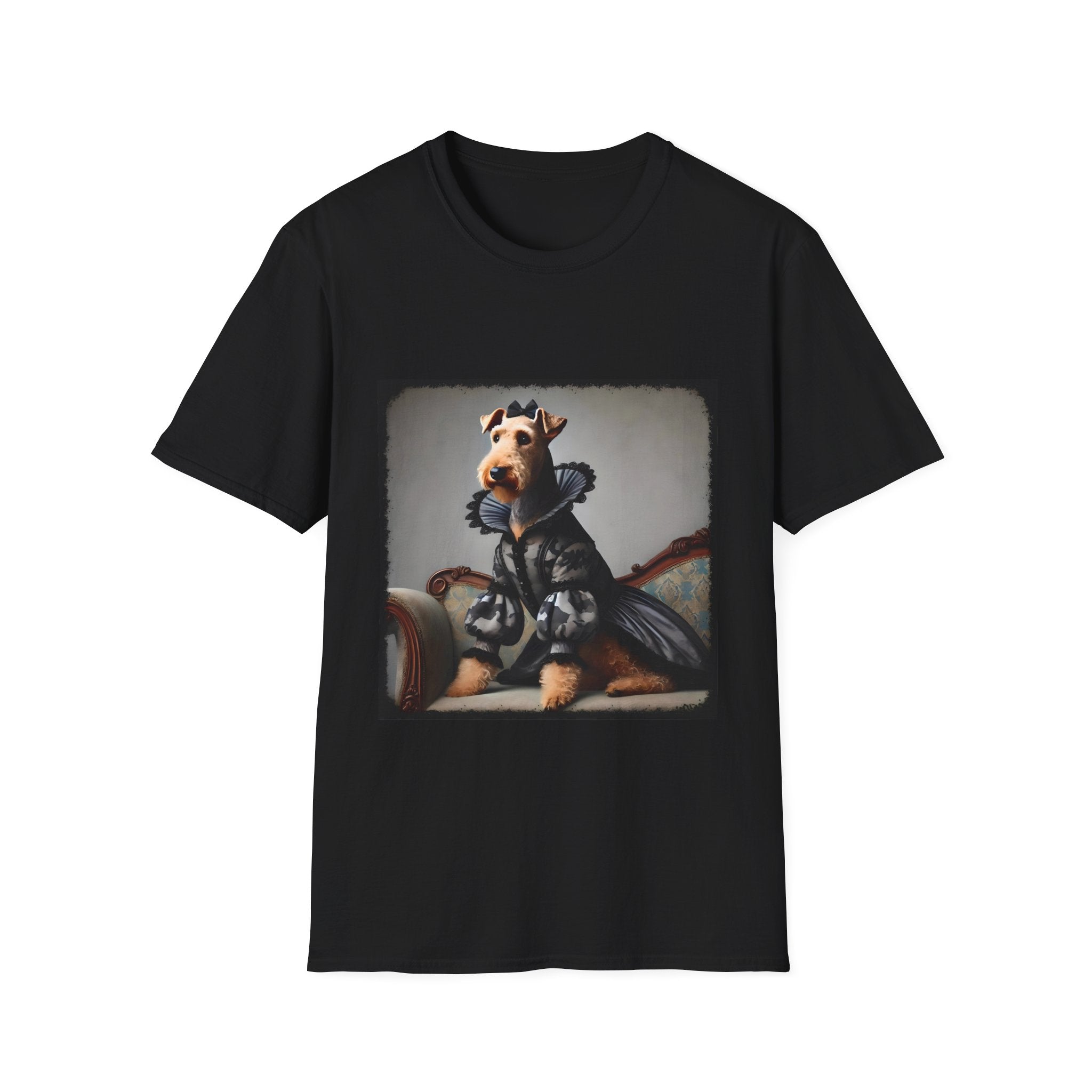 Blackdog t-shirt featuring Airedale terrier in camouflage Renaissance gown seated on settee.