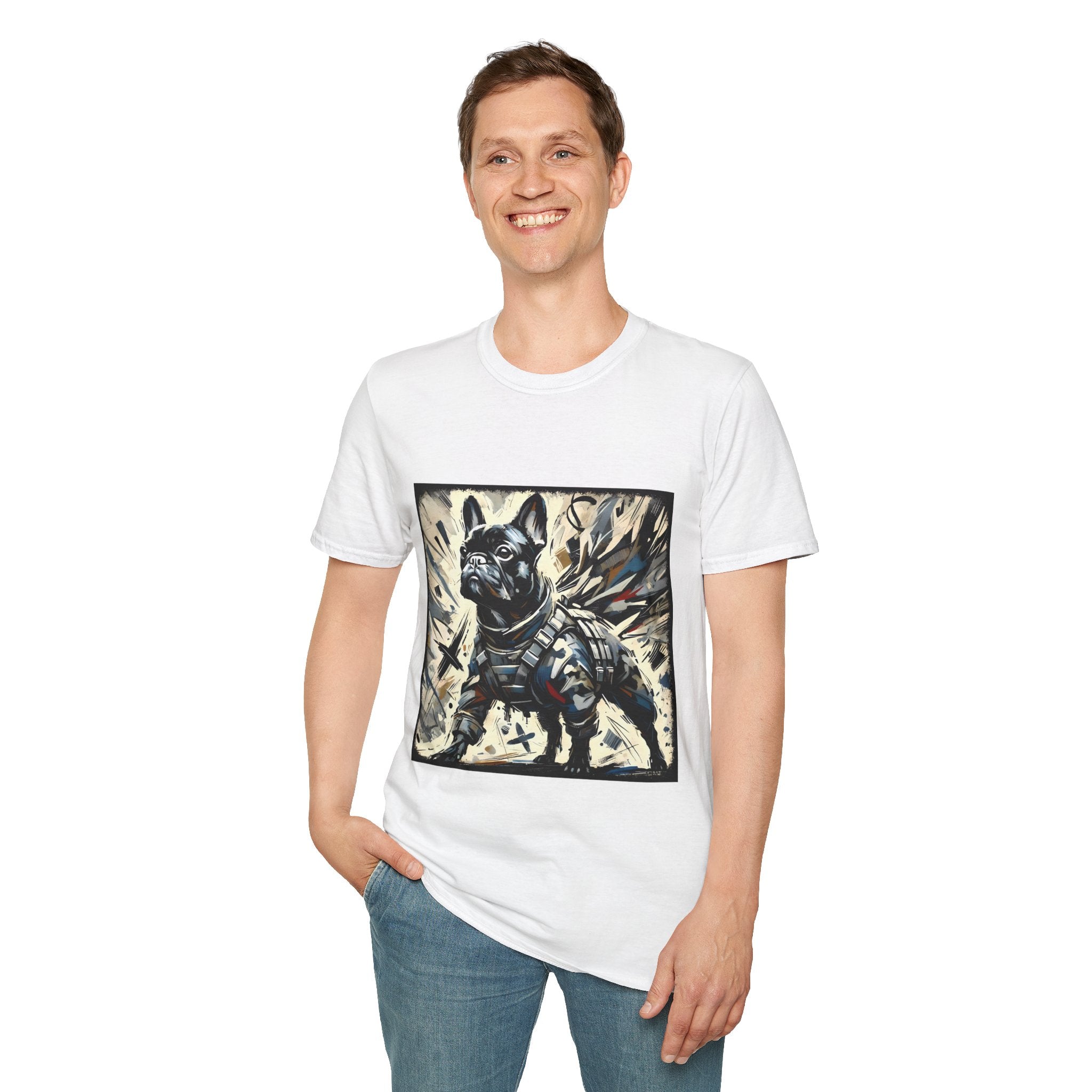 Man smiling in white dog t-shirt featuring heroic black French Bulldog in battle armor, set against abstract explosive strokes.
