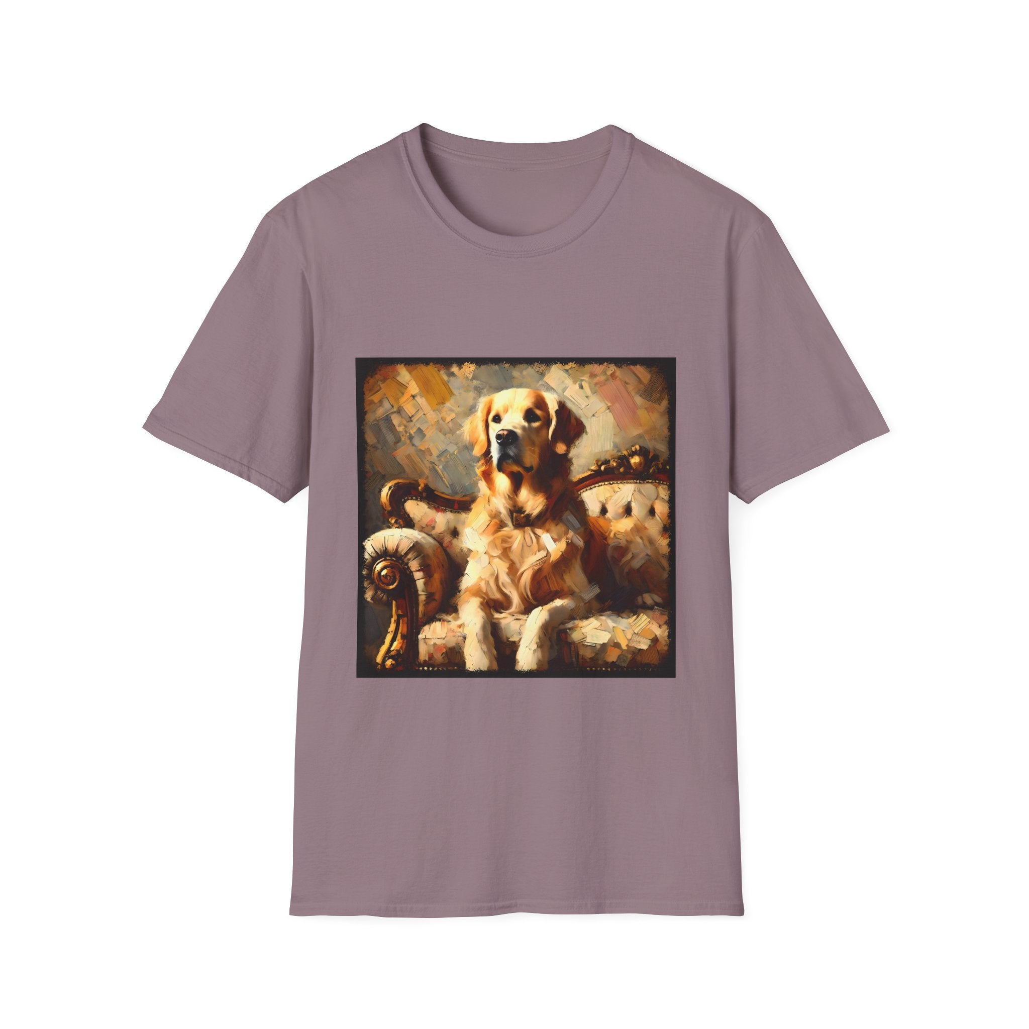 Mauve dog t-shirt with golden retriever on ornate couch, painted in rich textured brushstrokes.