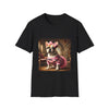 Black dog t-shirt featuring fawn and white French Bulldog in pink camouflage dress and bow in ornate hallway scene.