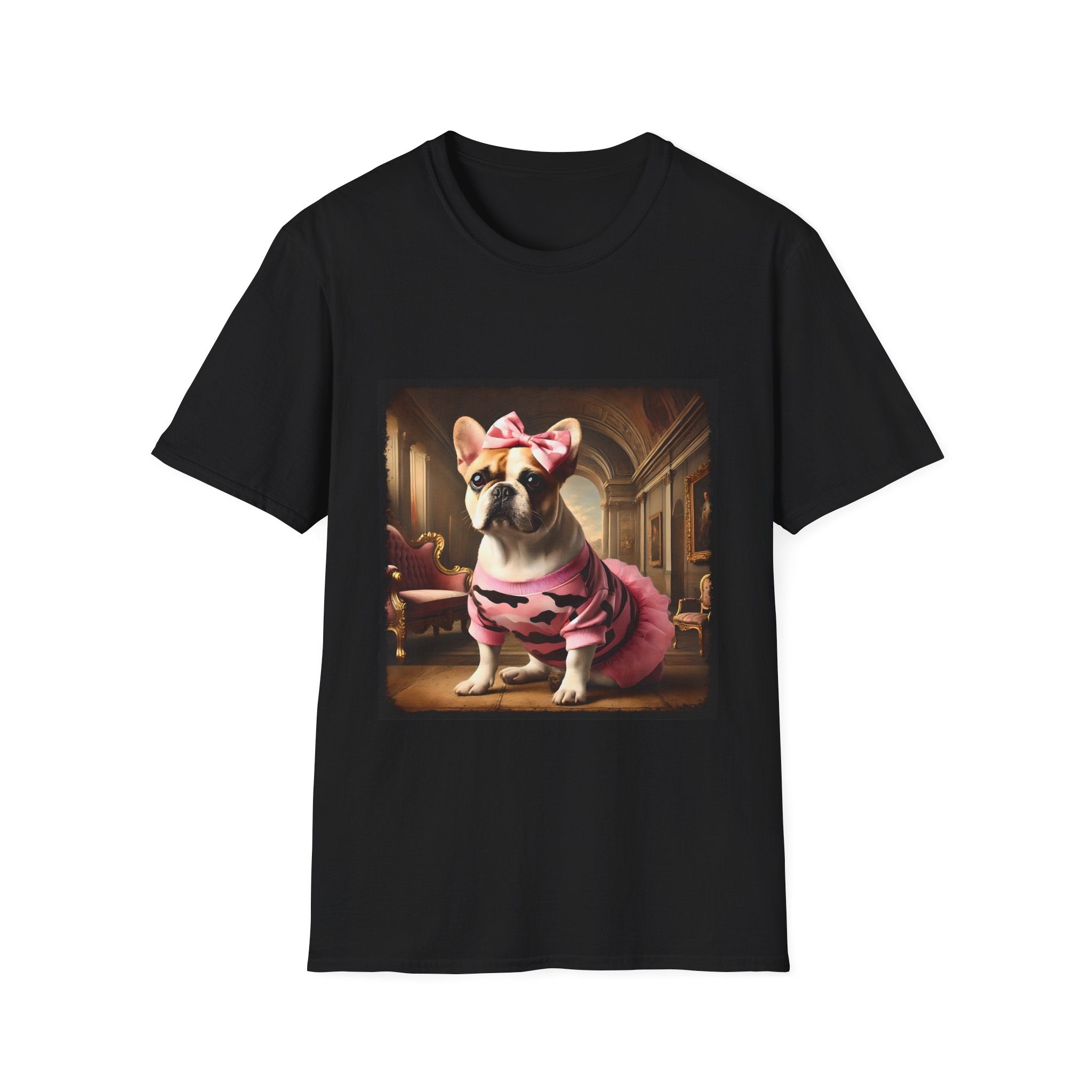 Black dog t-shirt featuring fawn and white French Bulldog in pink camouflage dress and bow in ornate hallway scene.