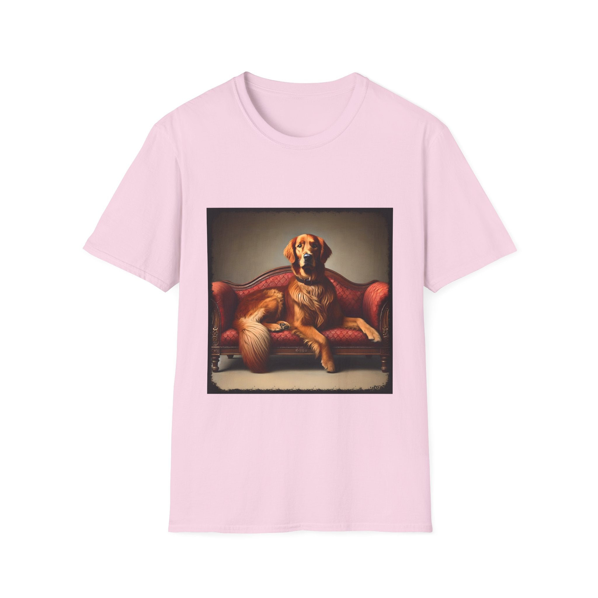 Light pink dog t-shirt with golden retriever lounging on vintage red settee with regal posture.