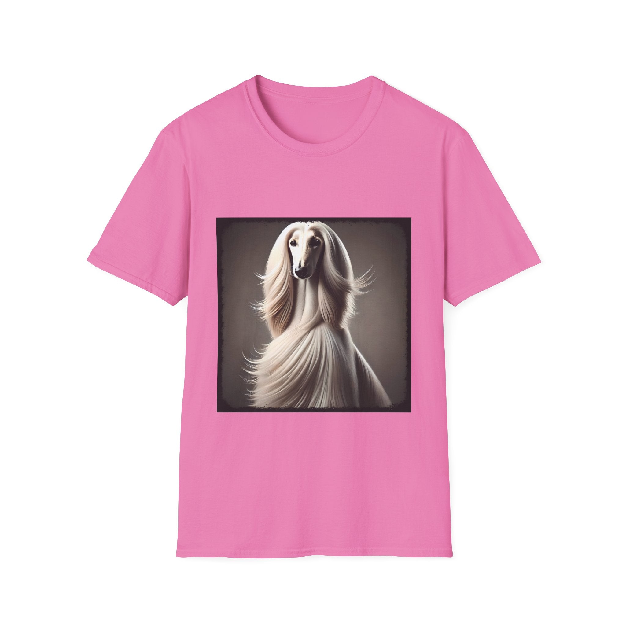 White Afghan Hound with flowing hair, featured on a stylish dark pink dog t-shirt against a soft background.