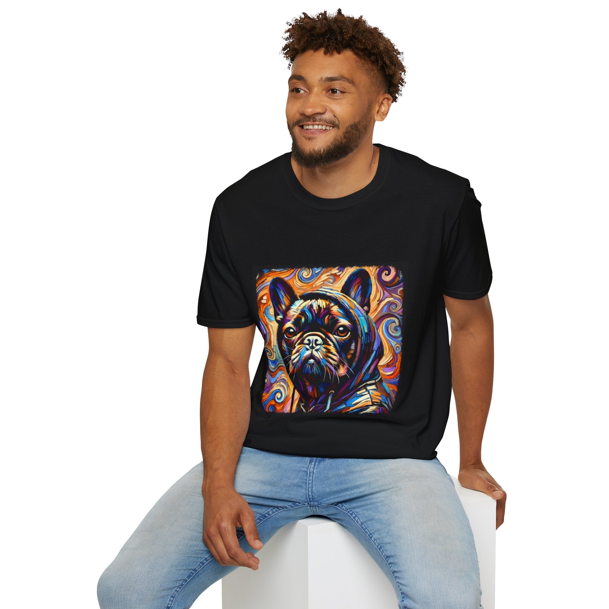 Male model in black dog t-shirt featuring colorful French Bulldog in hoodie with vivid swirl background.