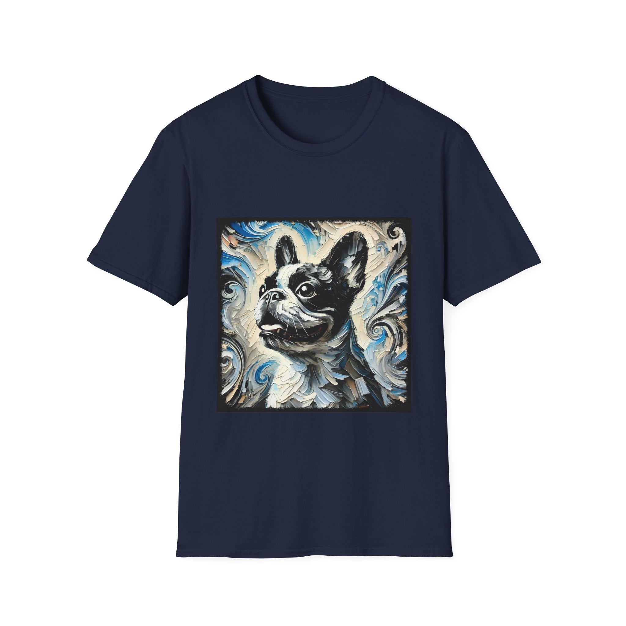 Navy blue dog t-shirt with black and white French Bulldog portrait on swirl-patterned vintage background.