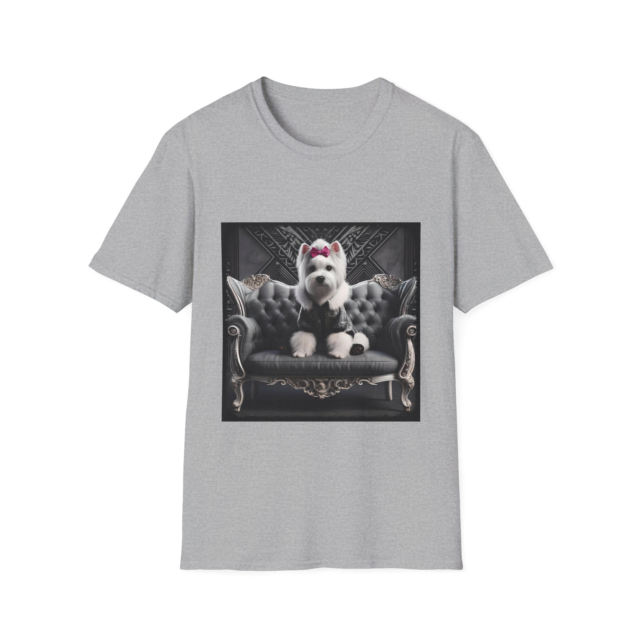 Sport gray dog t-shirt featuring Westie in black outfit with pink bow seated on ornate gothic black couch.