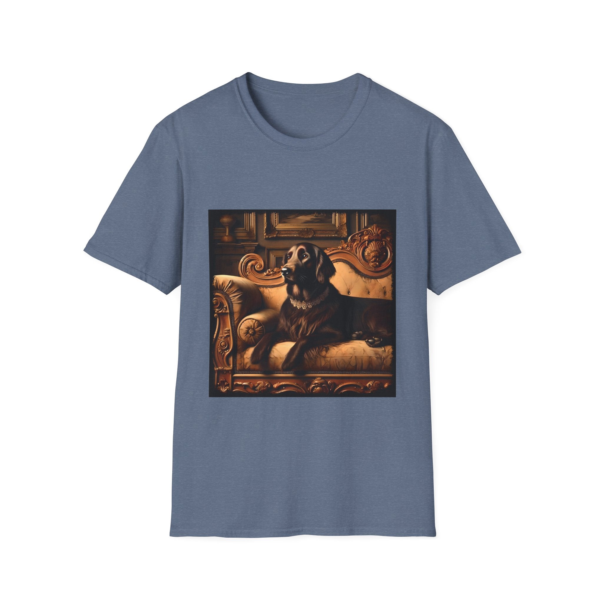 Heather indigo dog t-shirt featuring chocolate golden retriever on gold settee, jeweled collar in regal backdrop.