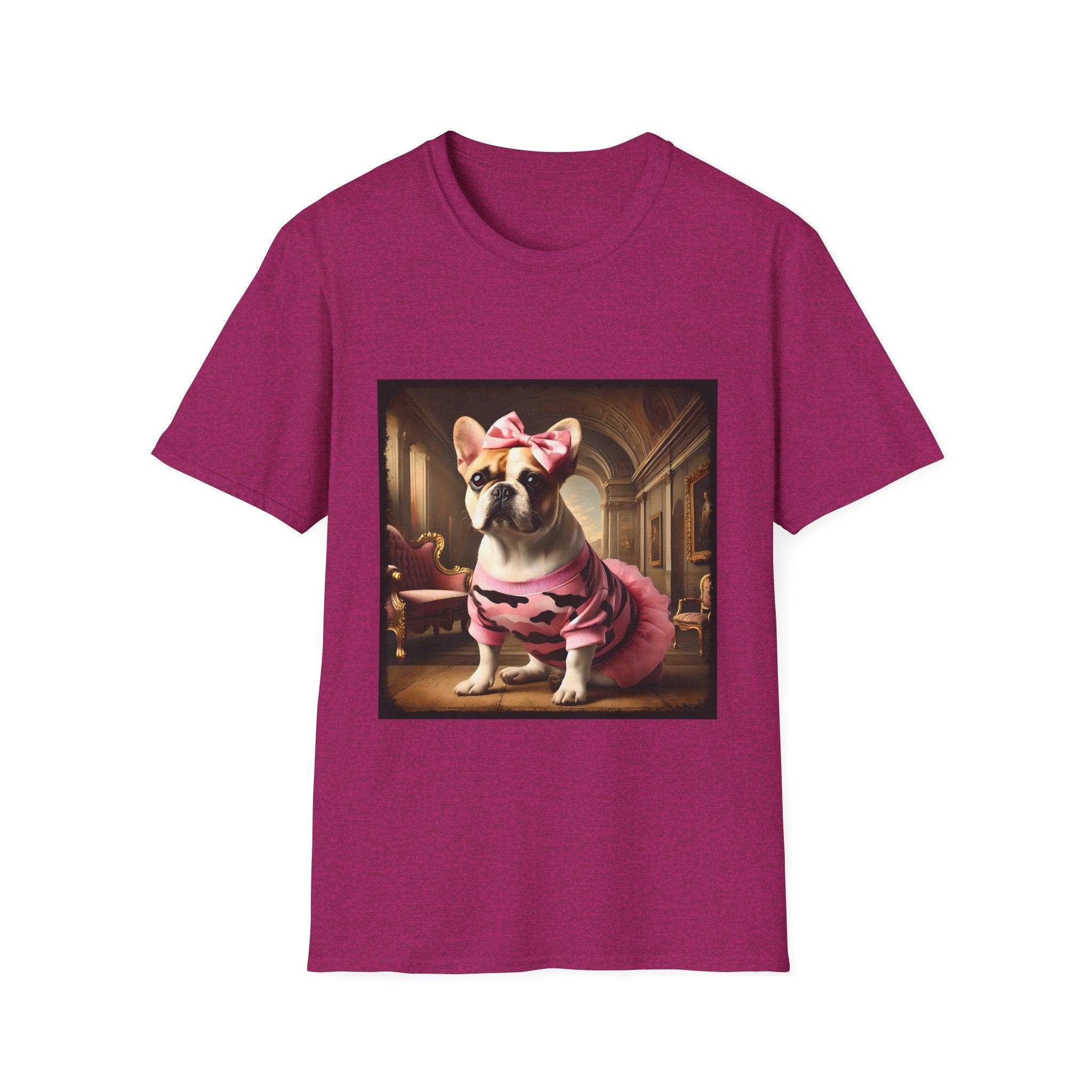 Heather berry dog t-shirt featuring fawn and white French Bulldog in pink camouflage dress and bow in ornate hallway scene.