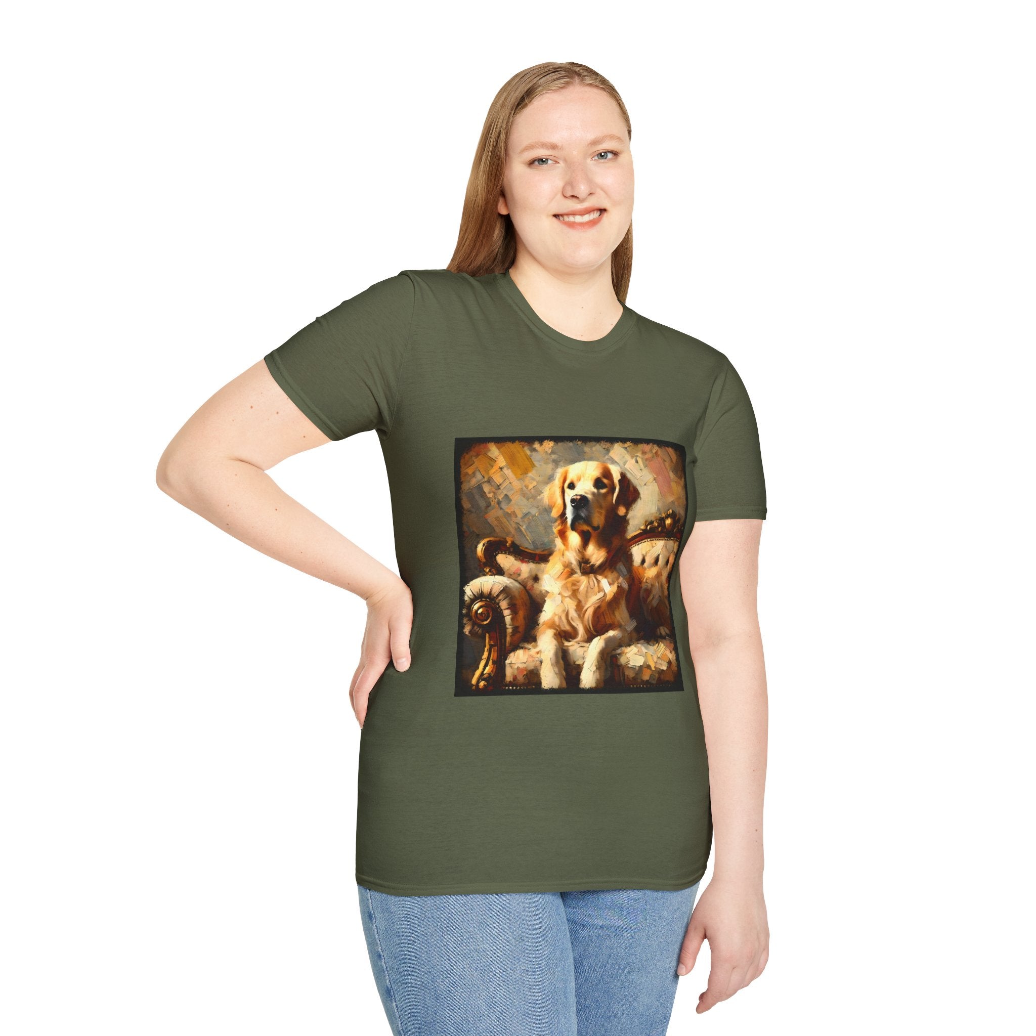 Female model in military green dog t-shirt with golden retriever on ornate couch, painted in rich textured brushstrokes.