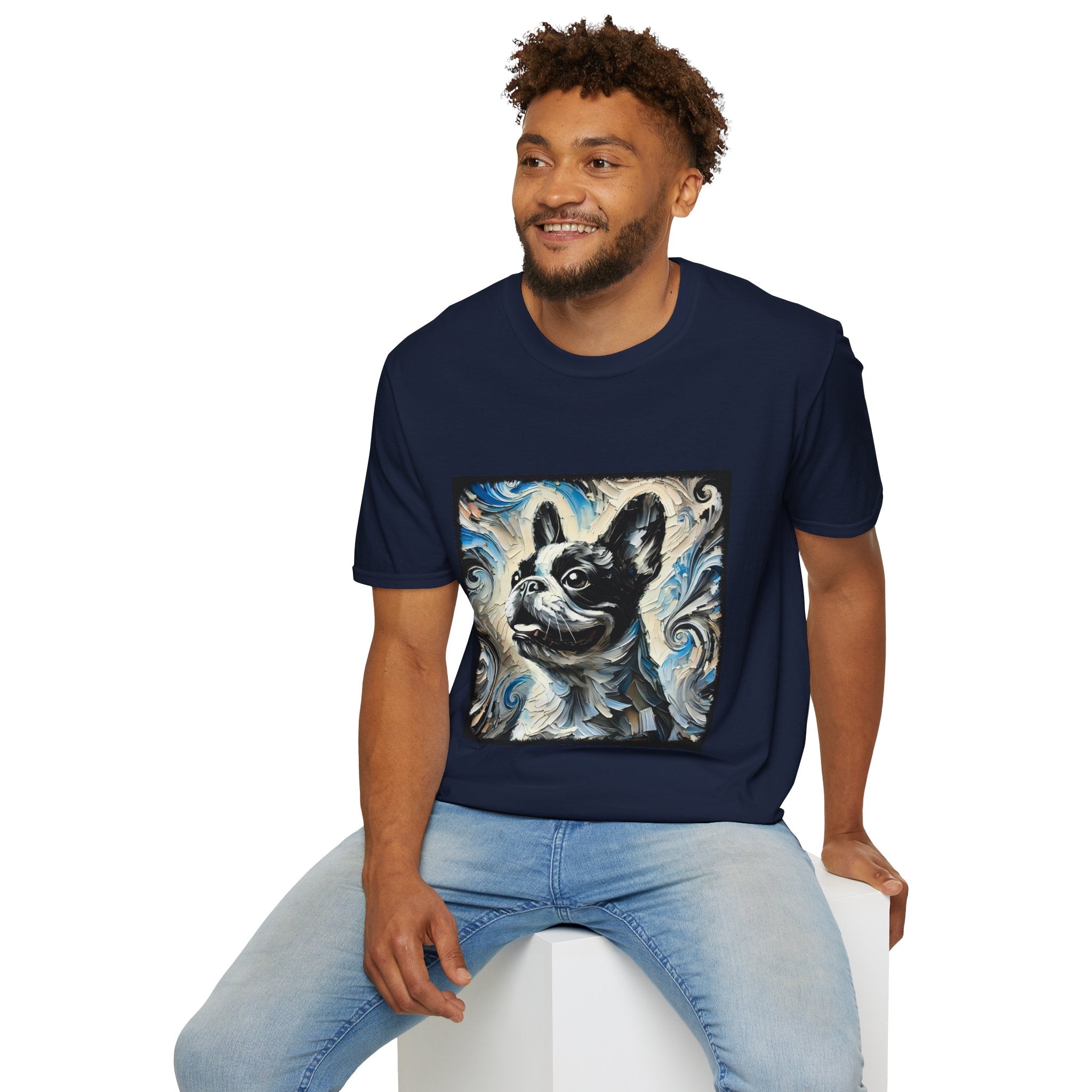 Male model wearing navy blue dog t-shirt with black and white French Bulldog portrait on swirl-patterned vintage background.