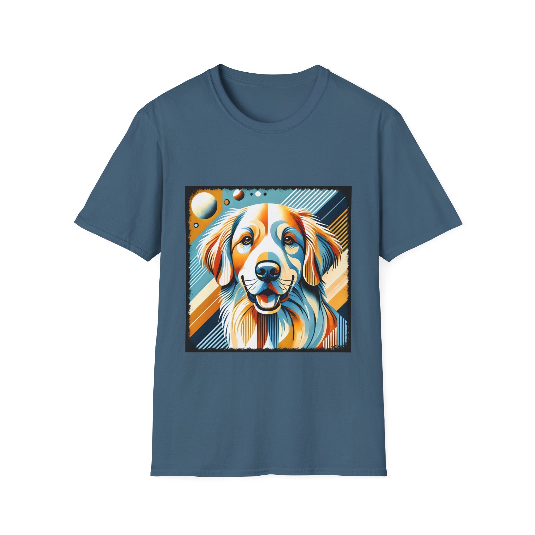 Heather indigo dog t-shirt featuring smiling golden retriever in abstract pop style with blue, orange, and cream tones.