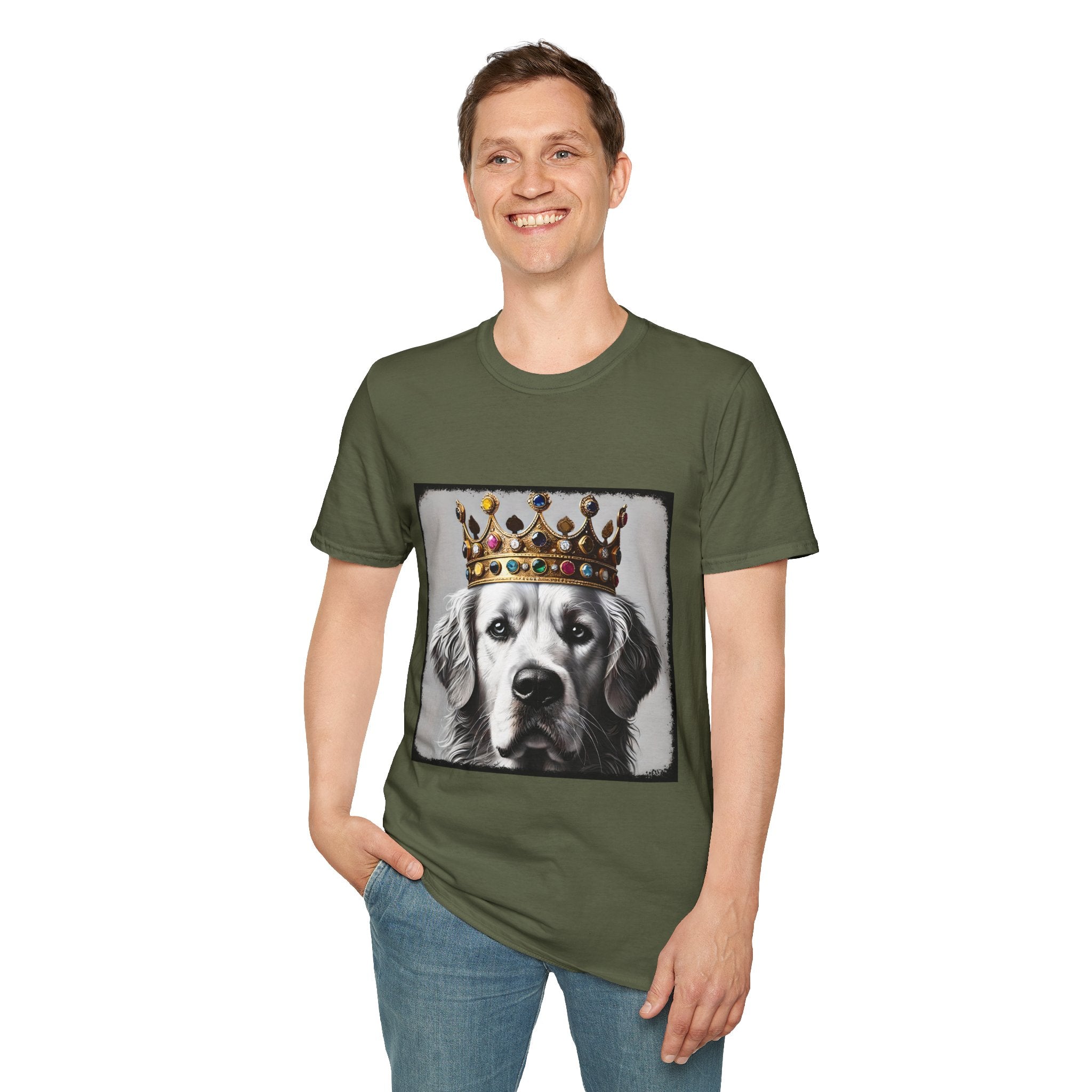 Male model in military green dog t-shirt featuring a black-and-white golden retriever in jeweled crown on gray backdrop.