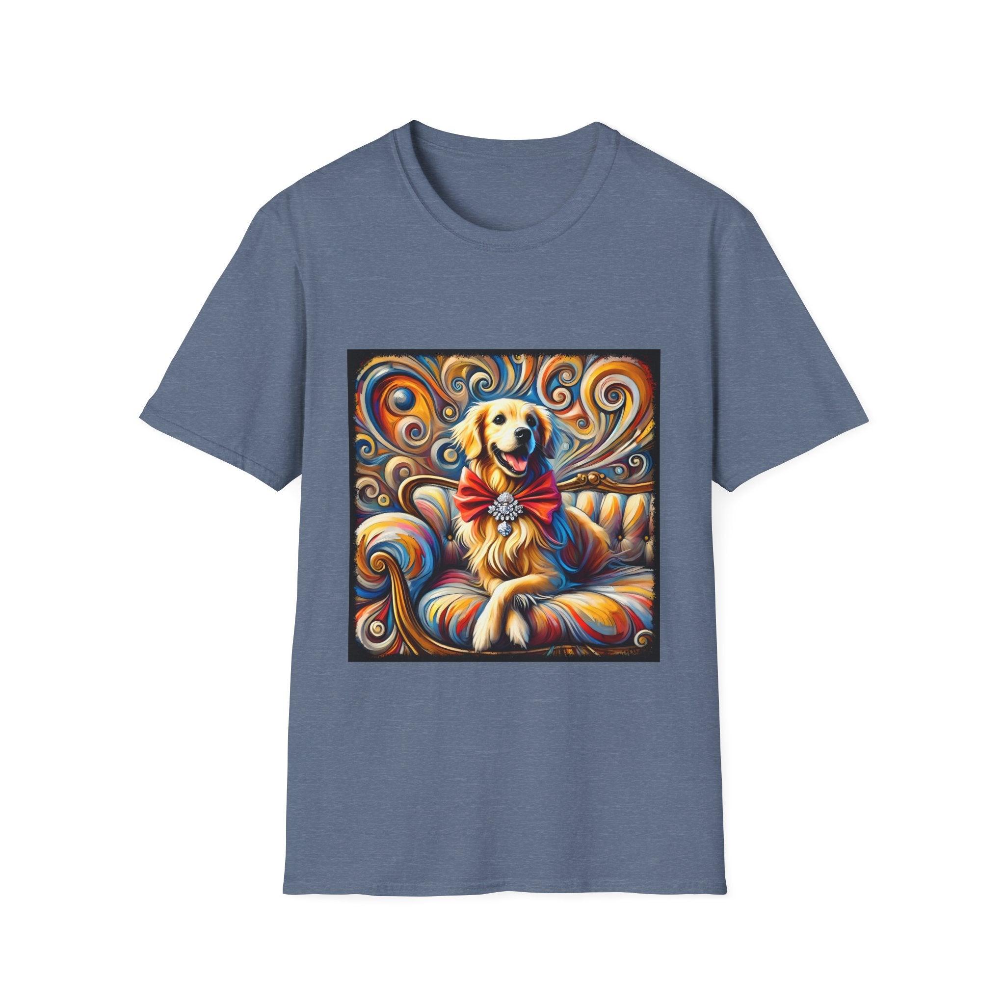 Heather indigo dog t-shirt featuring golden retriever with red bow on colorful swirl settee background.