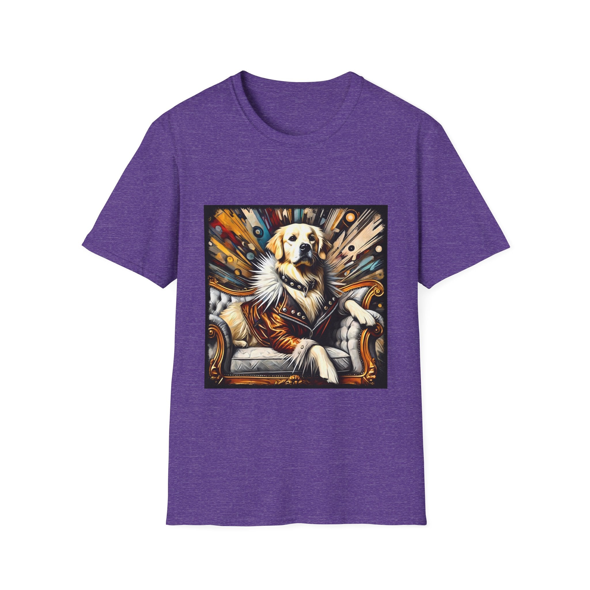 Heather purple dog t-shirt featuring golden retriever in fur coat on gold throne with colorful backdrop.