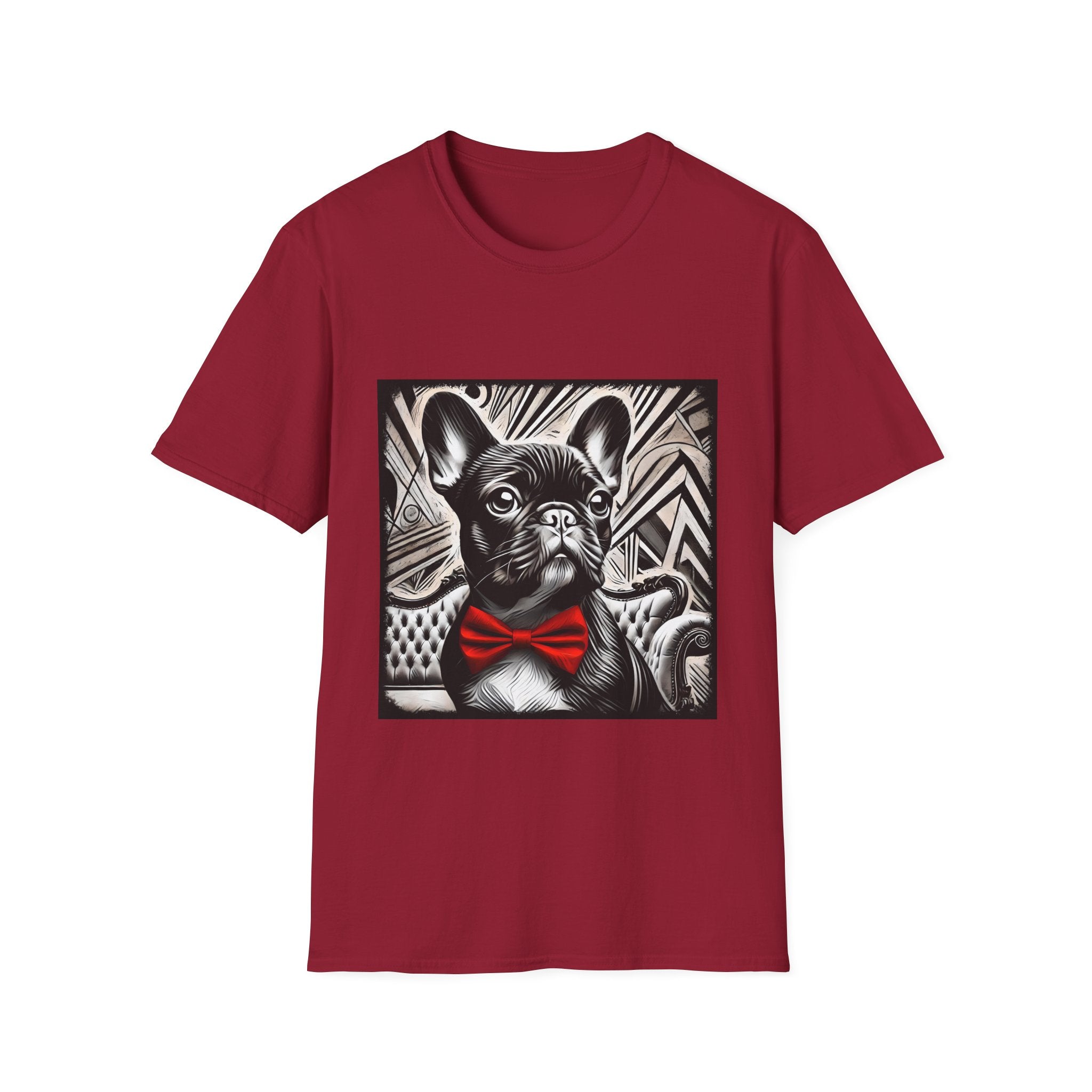 Cardinal red dog t-shirt featuring a black and white French Bulldog with a bold red bow tie and art deco backdrop.
