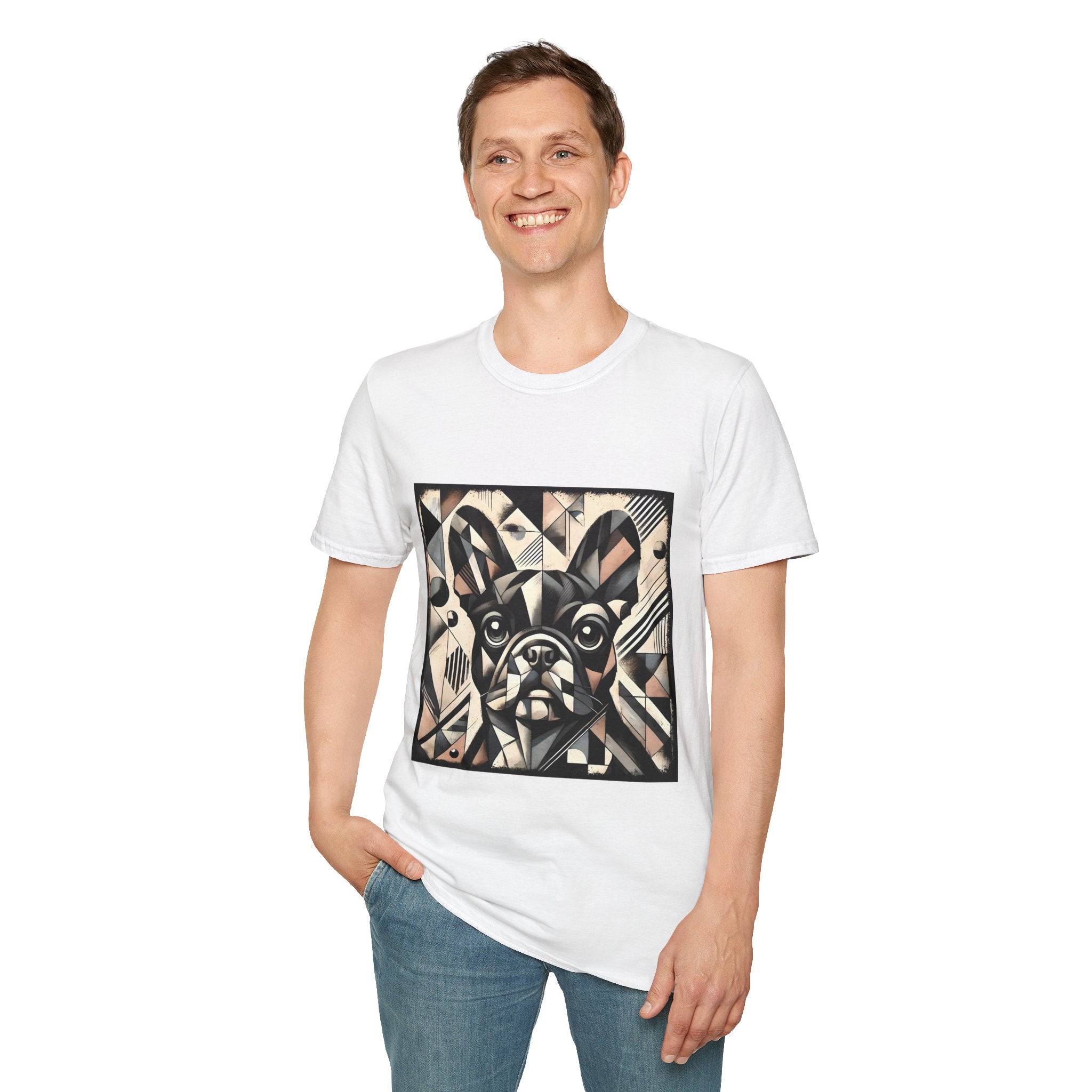 Man smiling in white dog t-shirt featuring geometric French Bulldog in cubist tones of black, beige, cream, and soft blush.
