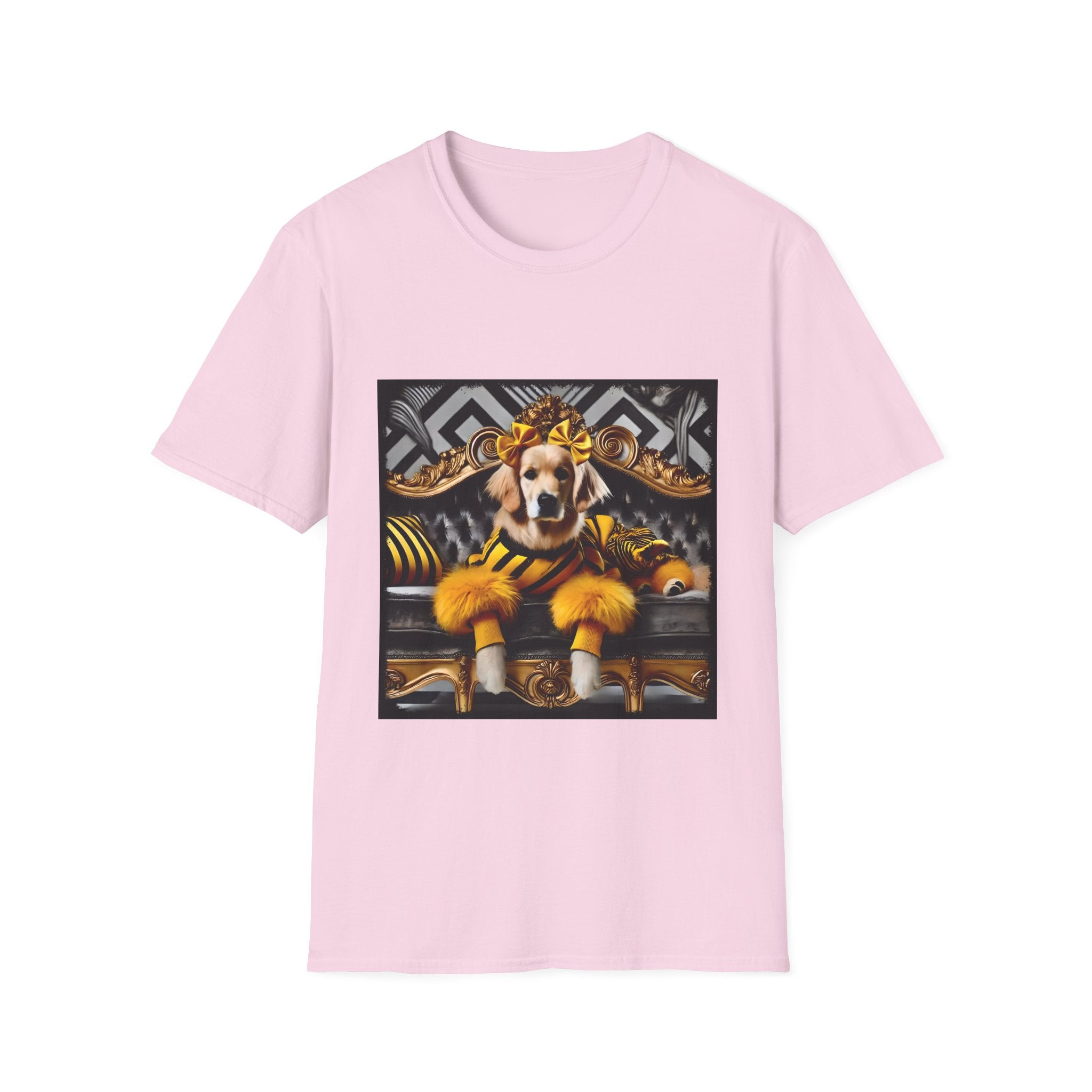 Light pink dog t-shirt with golden retriever in yellow-black outfit on gold settee, black and white art deco backdrop.
