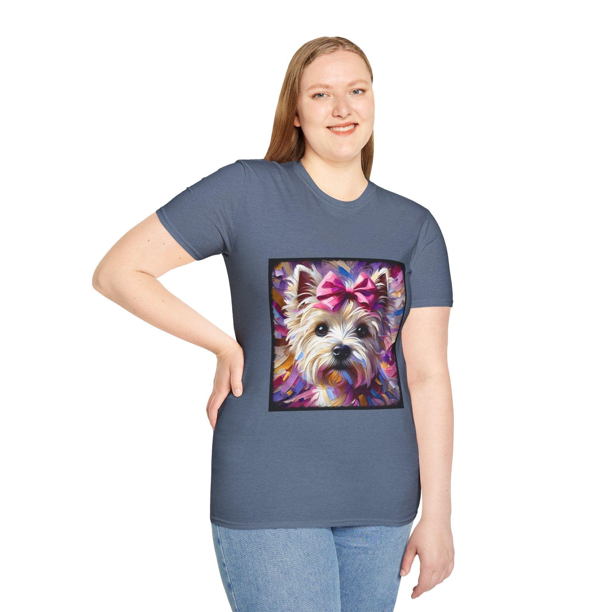 Female model in heather indigo dog t-shirt with Westie face, pink bow, and bold brushstroke colors in purple, pink, and gold.