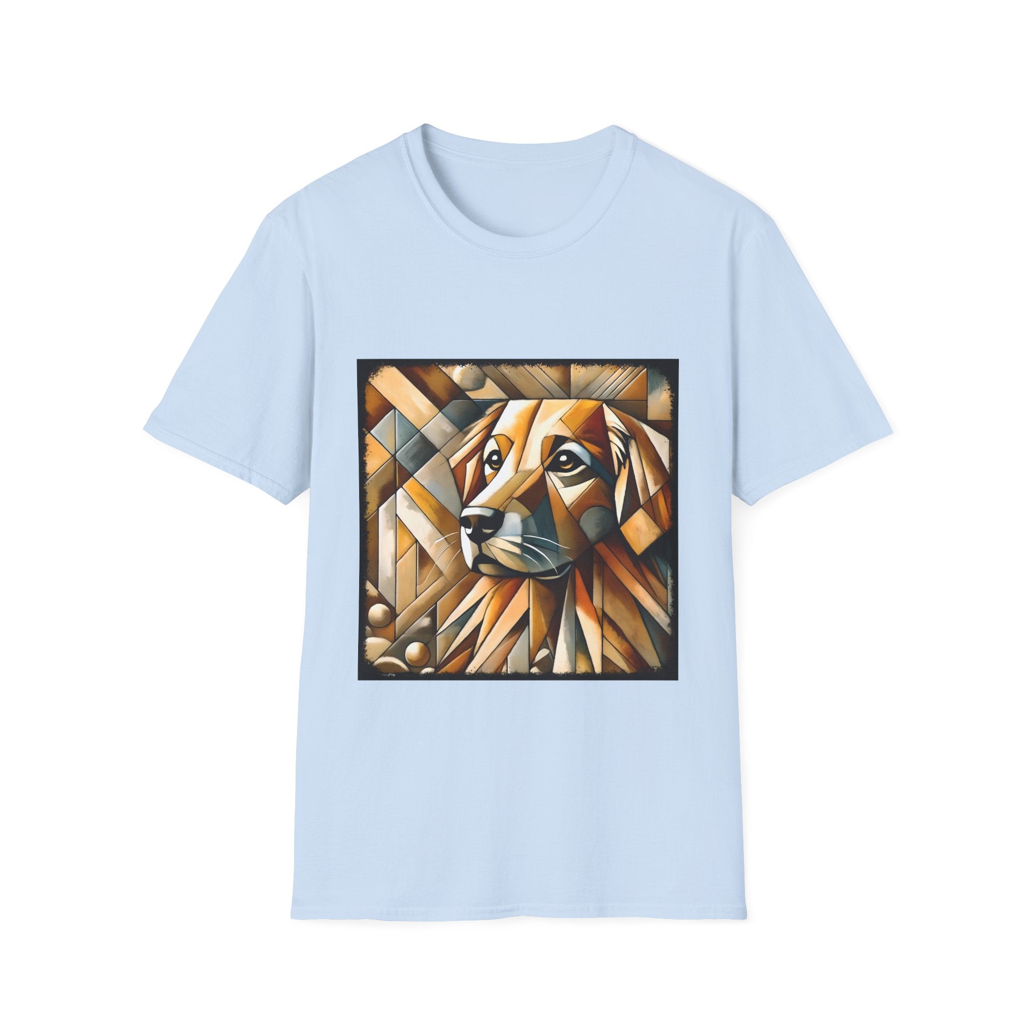 Light blue dog t-shirt featuring golden retriever in geometric cubist style with warm amber and tan tones.