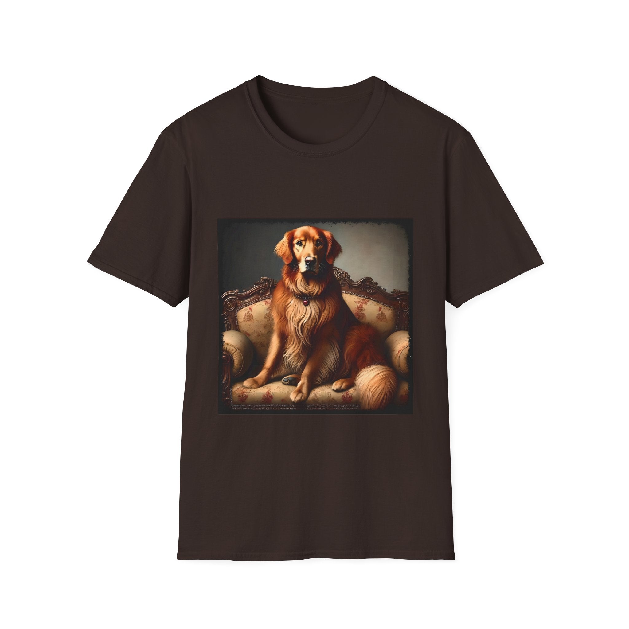 Dark chocolate dog t-shirt featuring golden retriever on ornate settee with long fur and classic red tones.