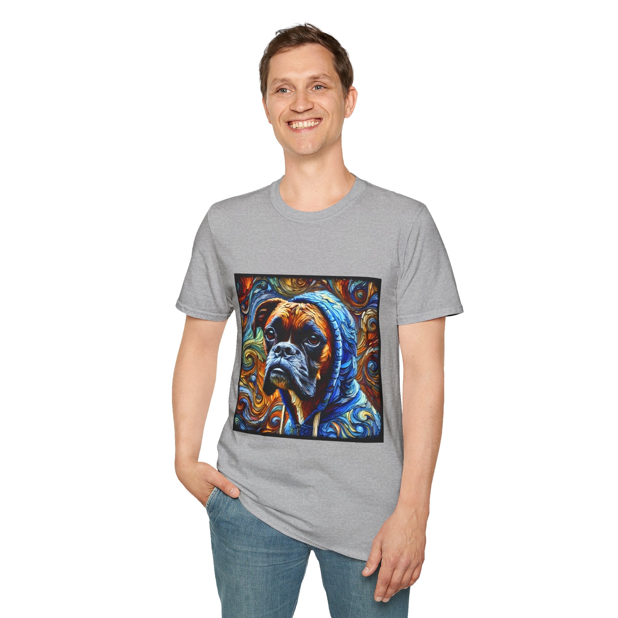 Male model in sport gray dog t-shirt featuring a boxer in a blue hoodie with swirled orange, gold, and teal background design.