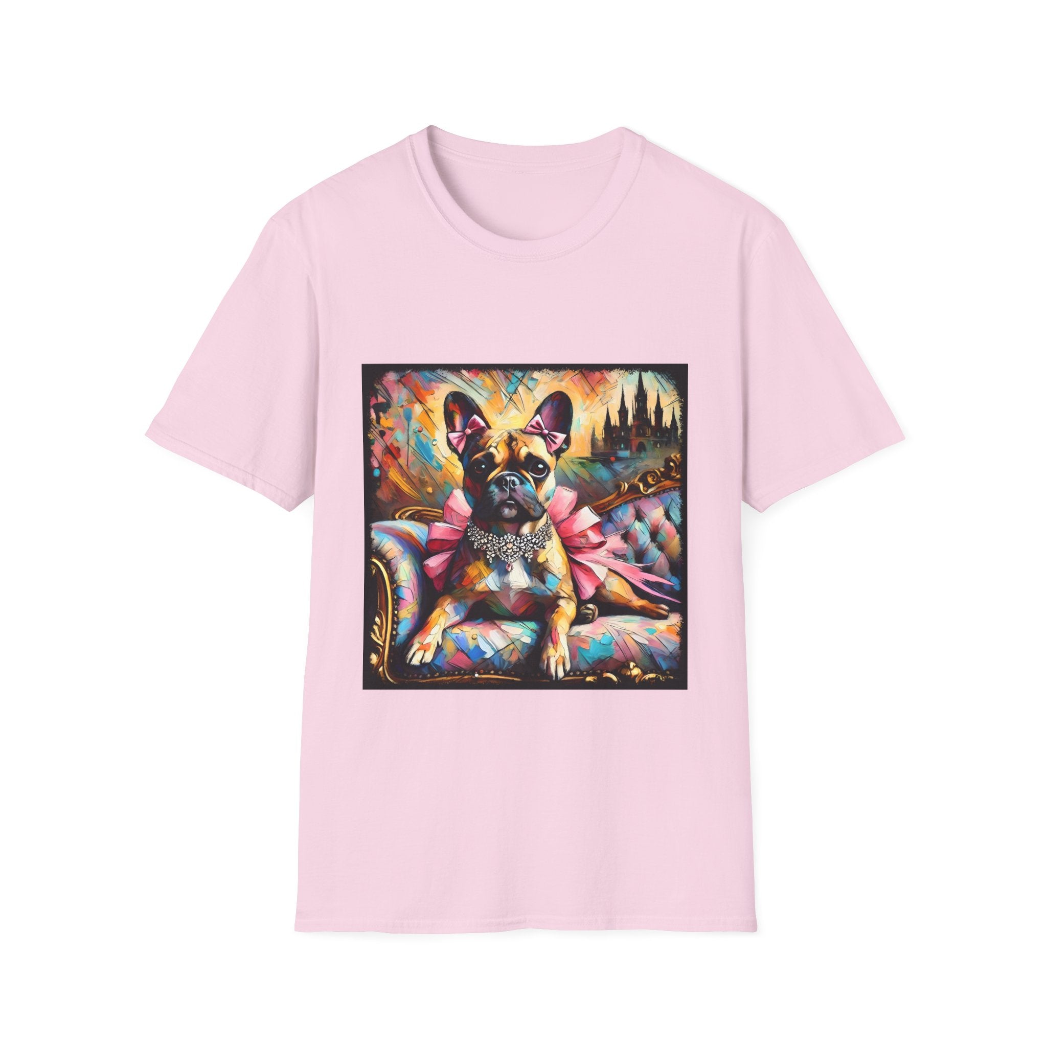 Light pink dog t-shirt featuring fawn French Bulldog with jeweled collar on settee, vivid swirl and castle background.