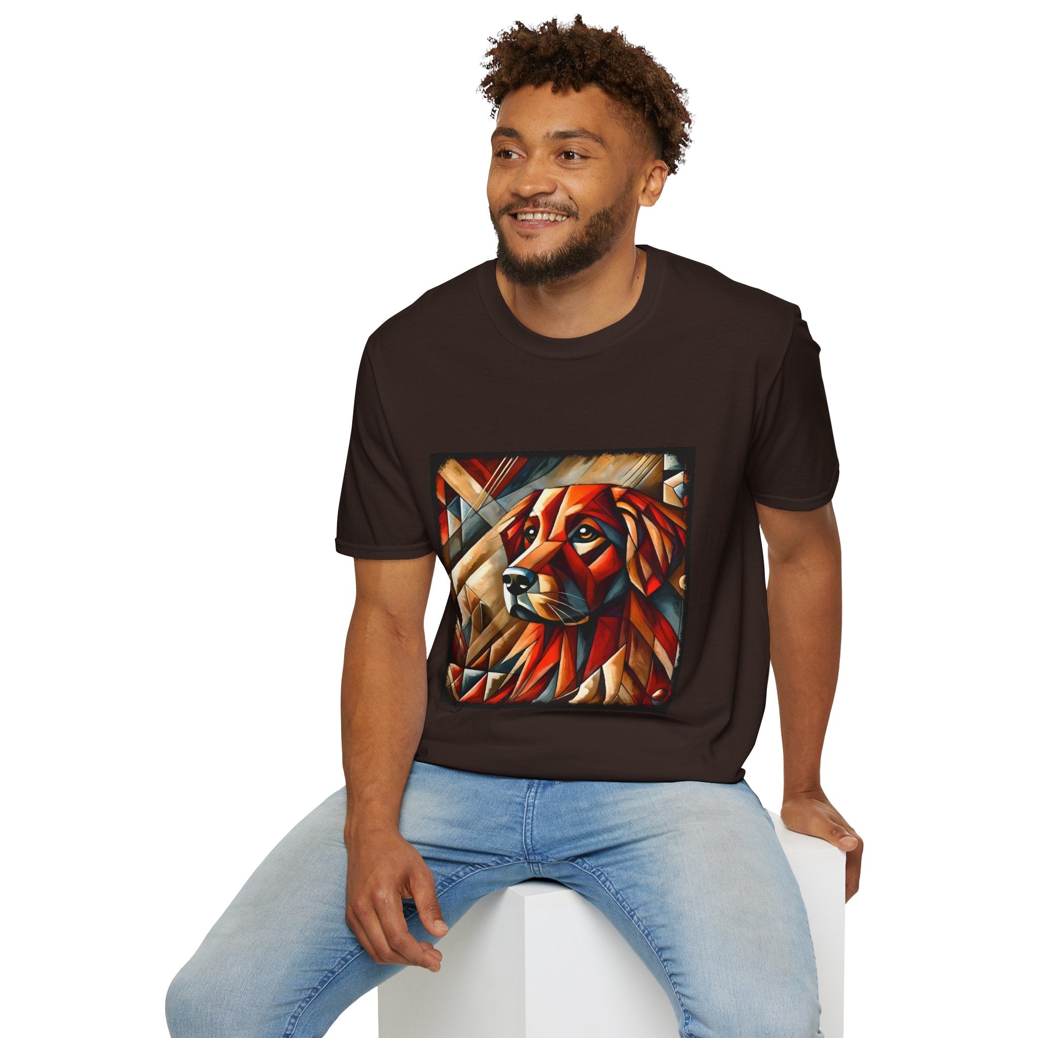 Male model in dark chocolate dog t-shirt featuring red geometric golden retriever portrait in cubist style with bold angles.