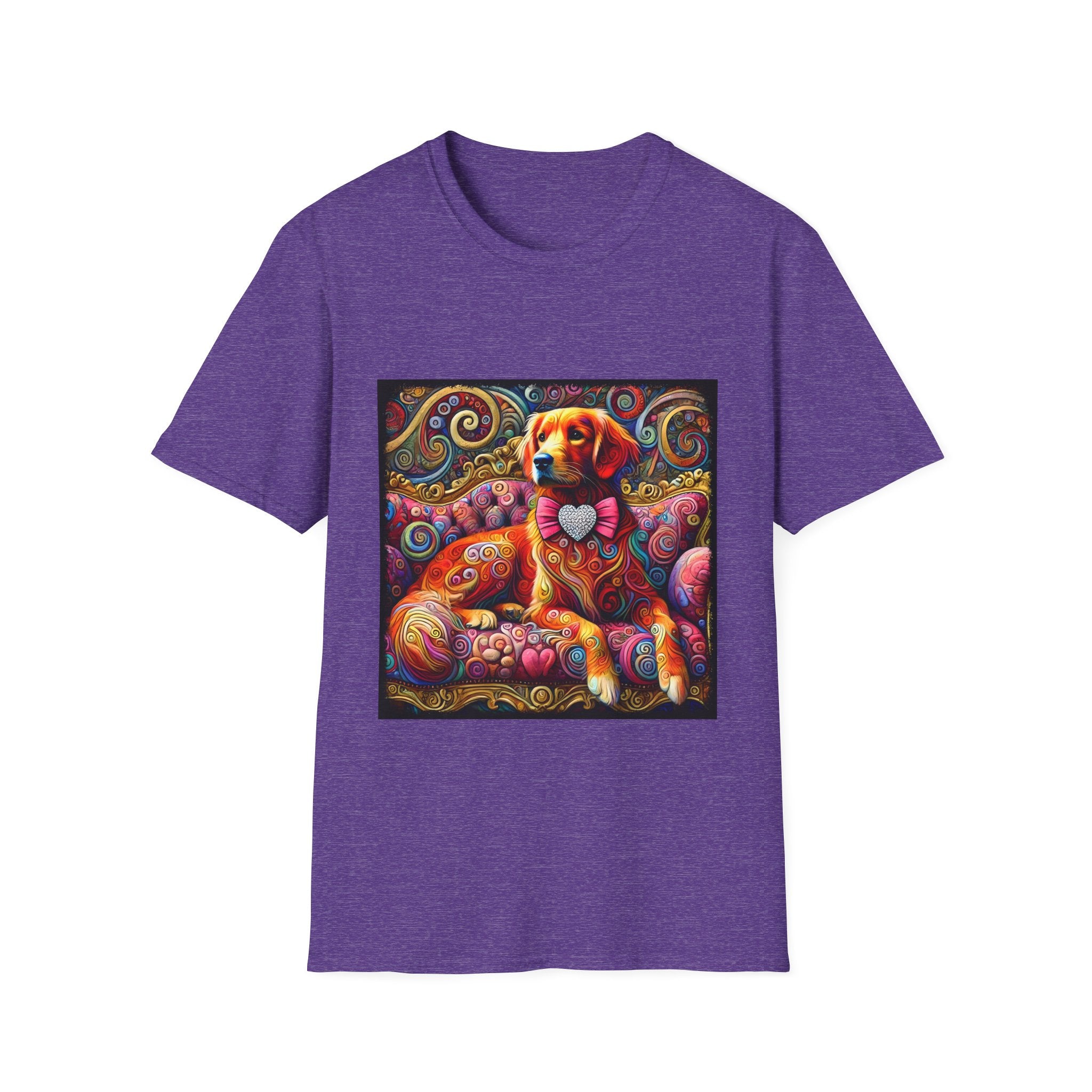 Heather purple dog t-shirt with golden retriever in pink bow on vibrant swirl settee with heart details.