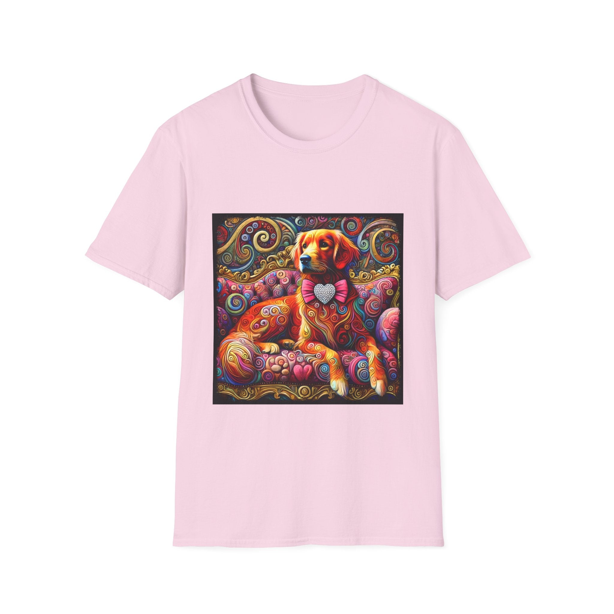 Light pink dog t-shirt with golden retriever in pink bow on vibrant swirl settee with heart details.