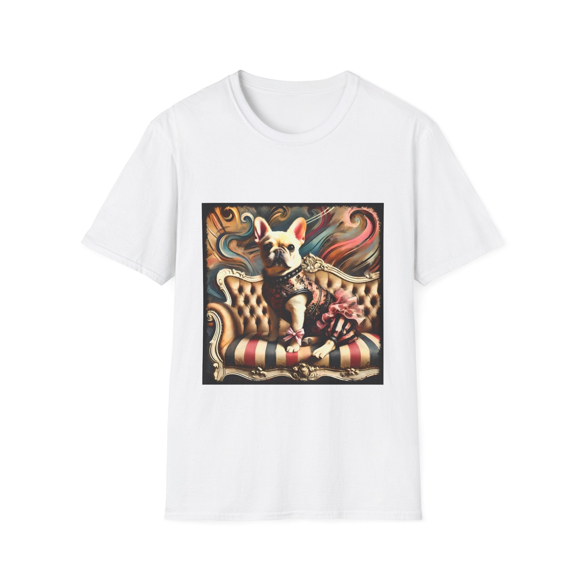 White dog t-shirt featuring cream French Bulldog in floral vest and pink bow on striped settee with swirl background.